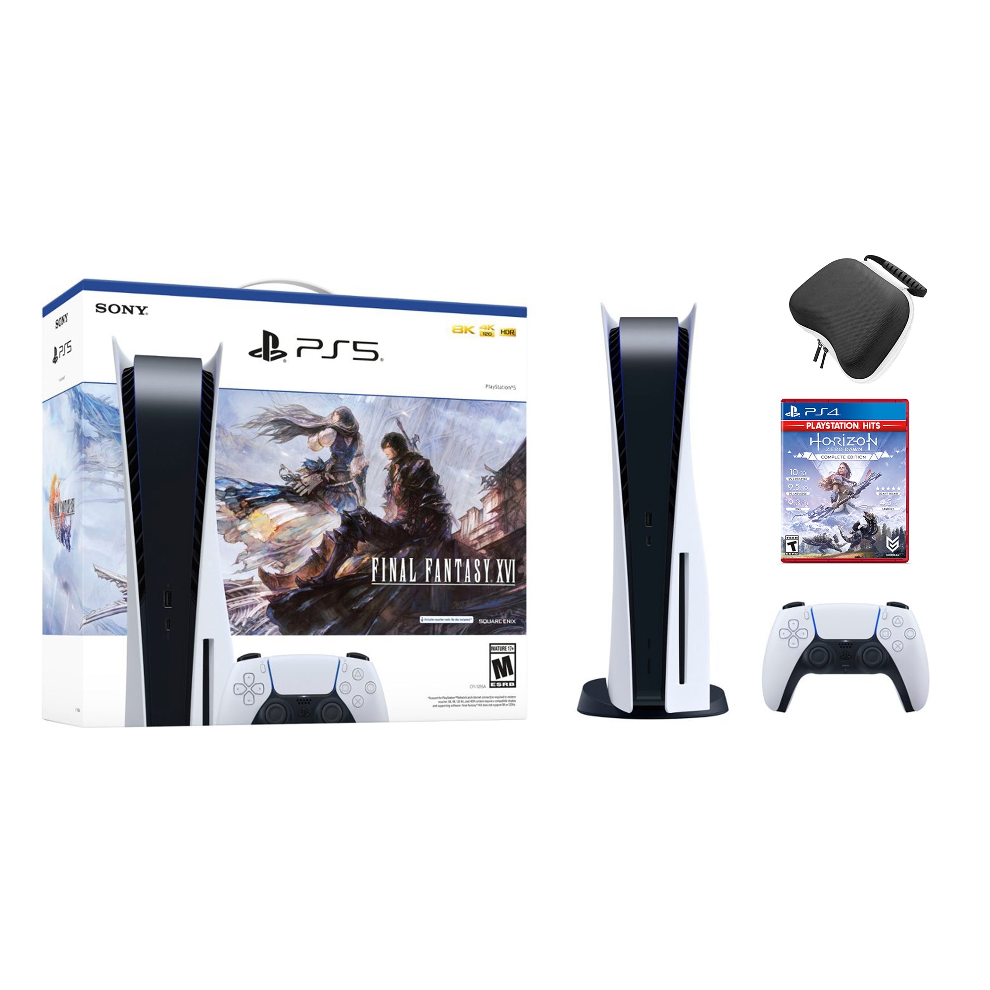 Playstation 5 Disc Edition FINAL FANTASY XVI Bundle with Horizon Zero Dawn and Mytrix Controller Case - PS5, White