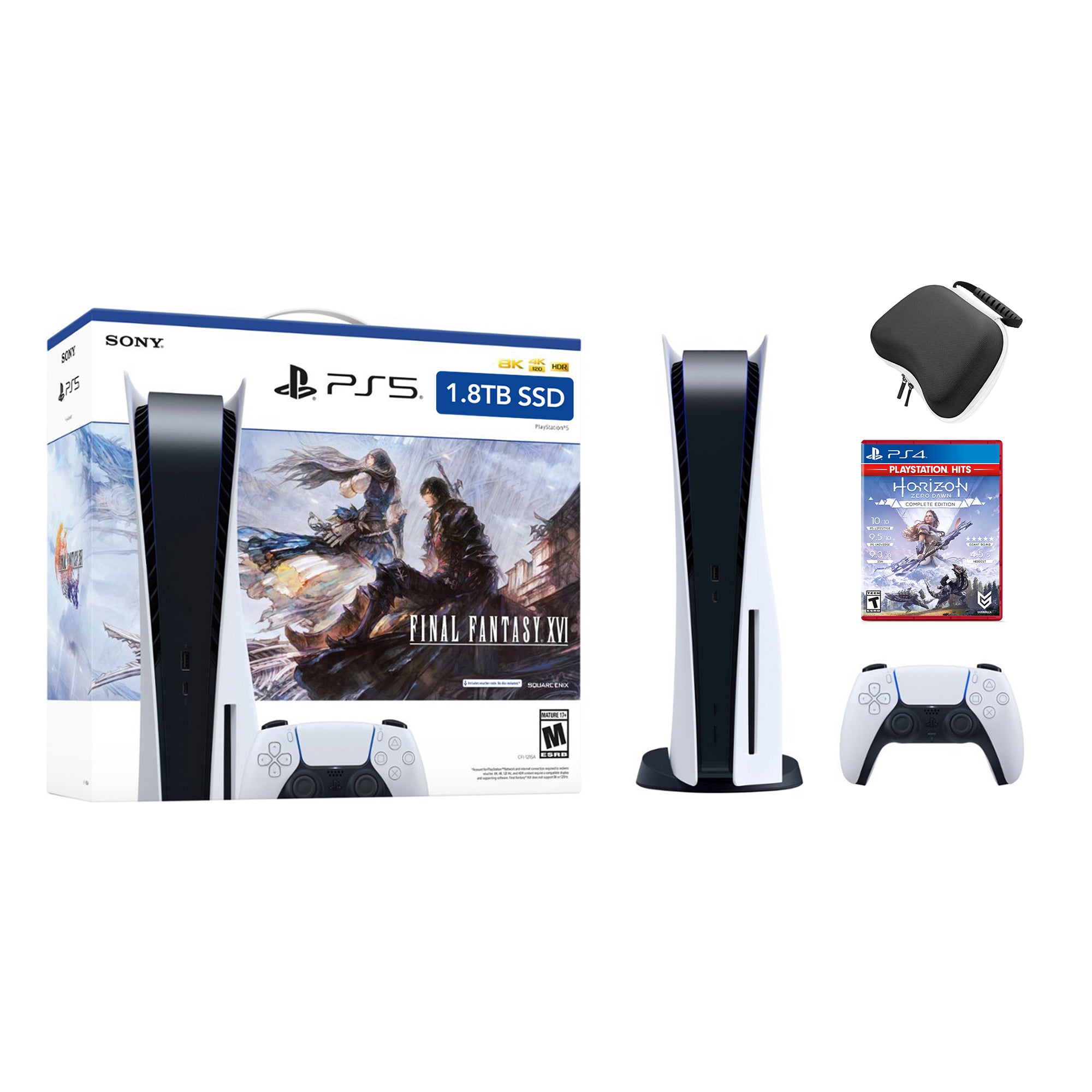 PlayStation 5 Upgraded 1.8TB Disc Edition FINAL FANTASY XVI Bundle with Horizon Zero Dawn and Mytrix Controller Case - PS5, White