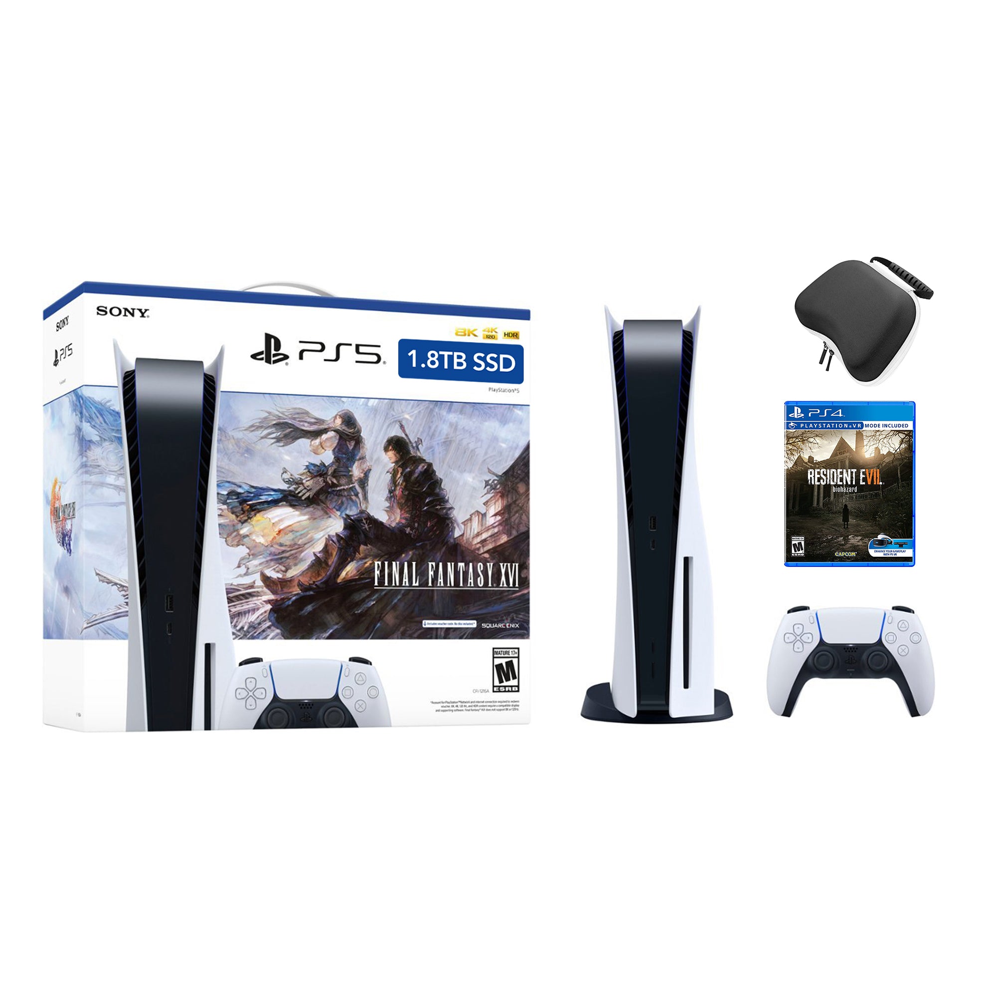 PlayStation 5 Upgraded 1.8TB Disc Edition FINAL FANTASY XVI Bundle with Resident Evil 7 and Mytrix Controller Case - PS5, White