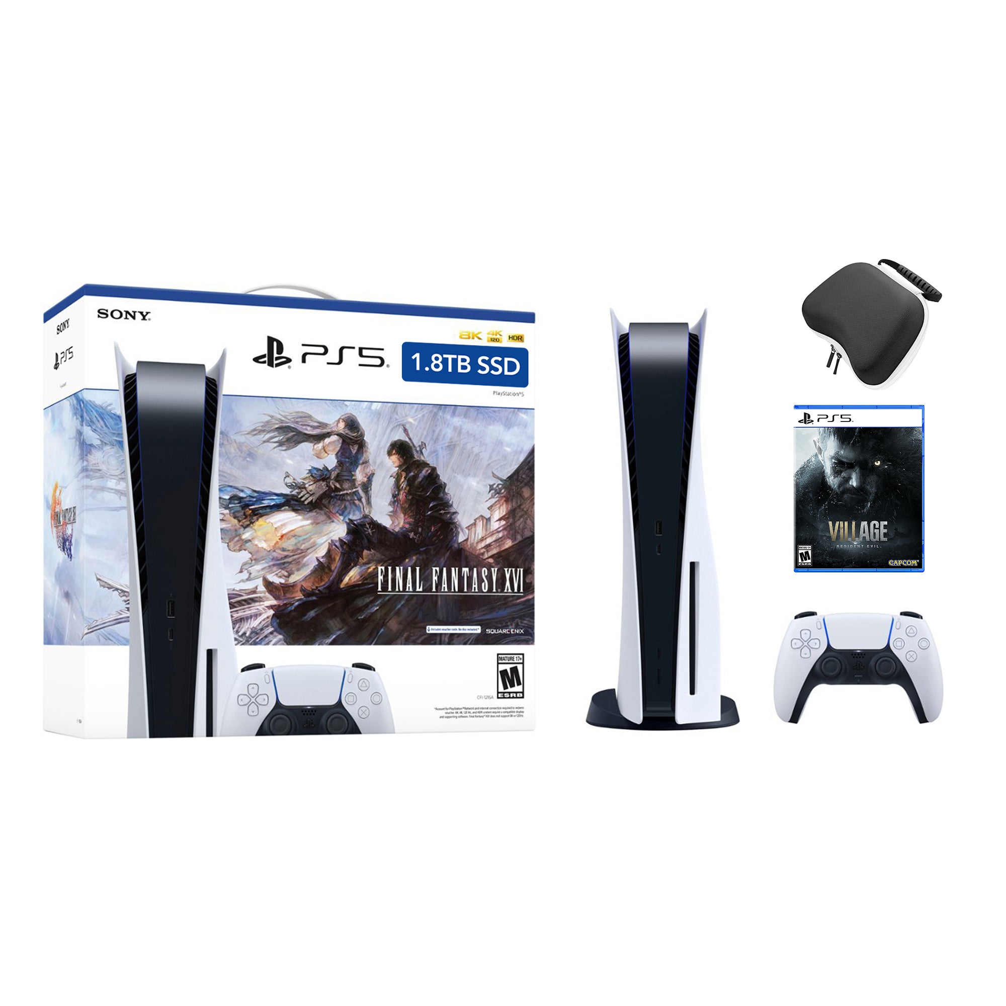 PlayStation 5 Upgraded 1.8TB Disc Edition FINAL FANTASY XVI Bundle with Resident Evil Village and Mytrix Controller Case - PS5, White