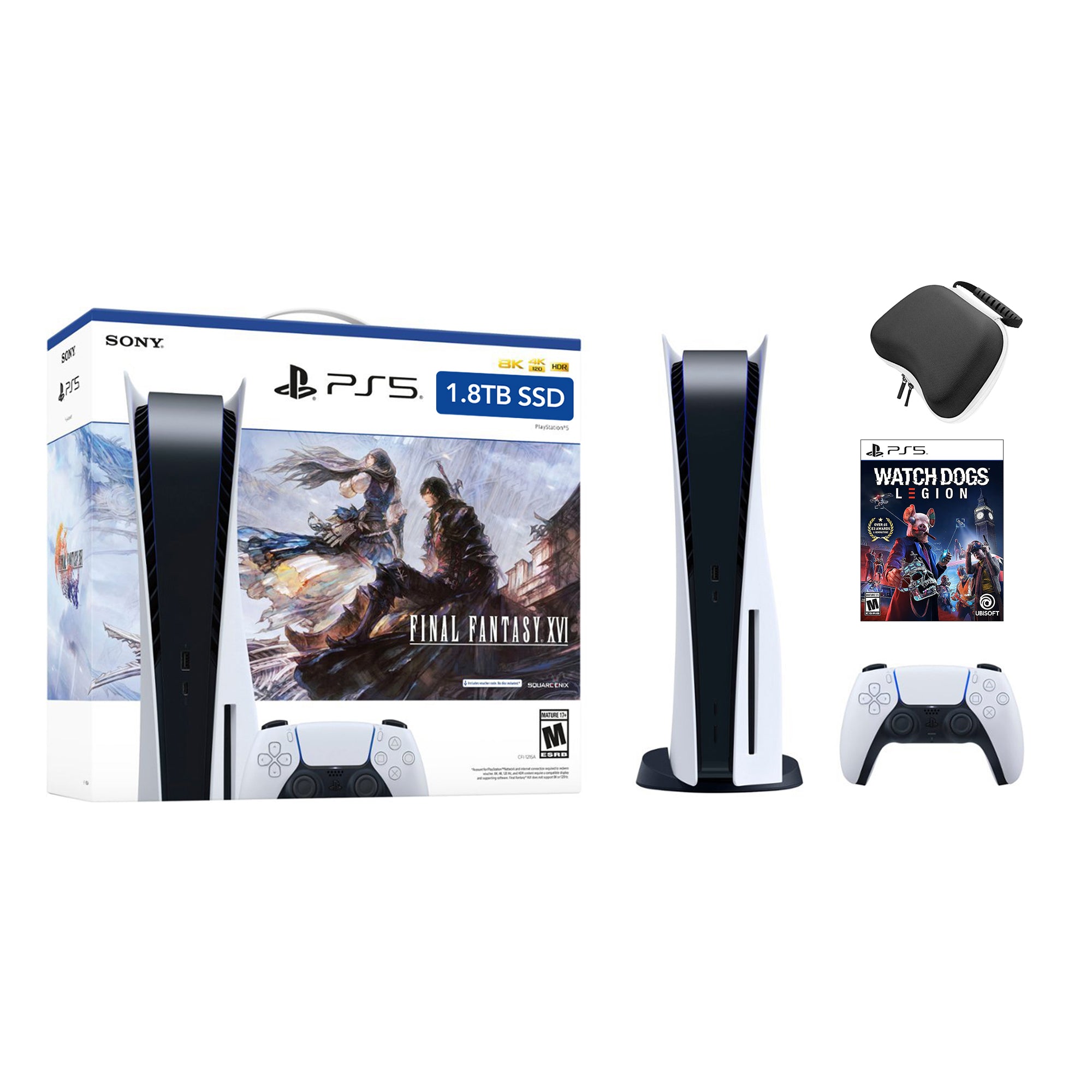 PlayStation 5 Upgraded 1.8TB Disc Edition FINAL FANTASY XVI Bundle with Watch Dogs Legions and Mytrix Controller Case - PS5, White