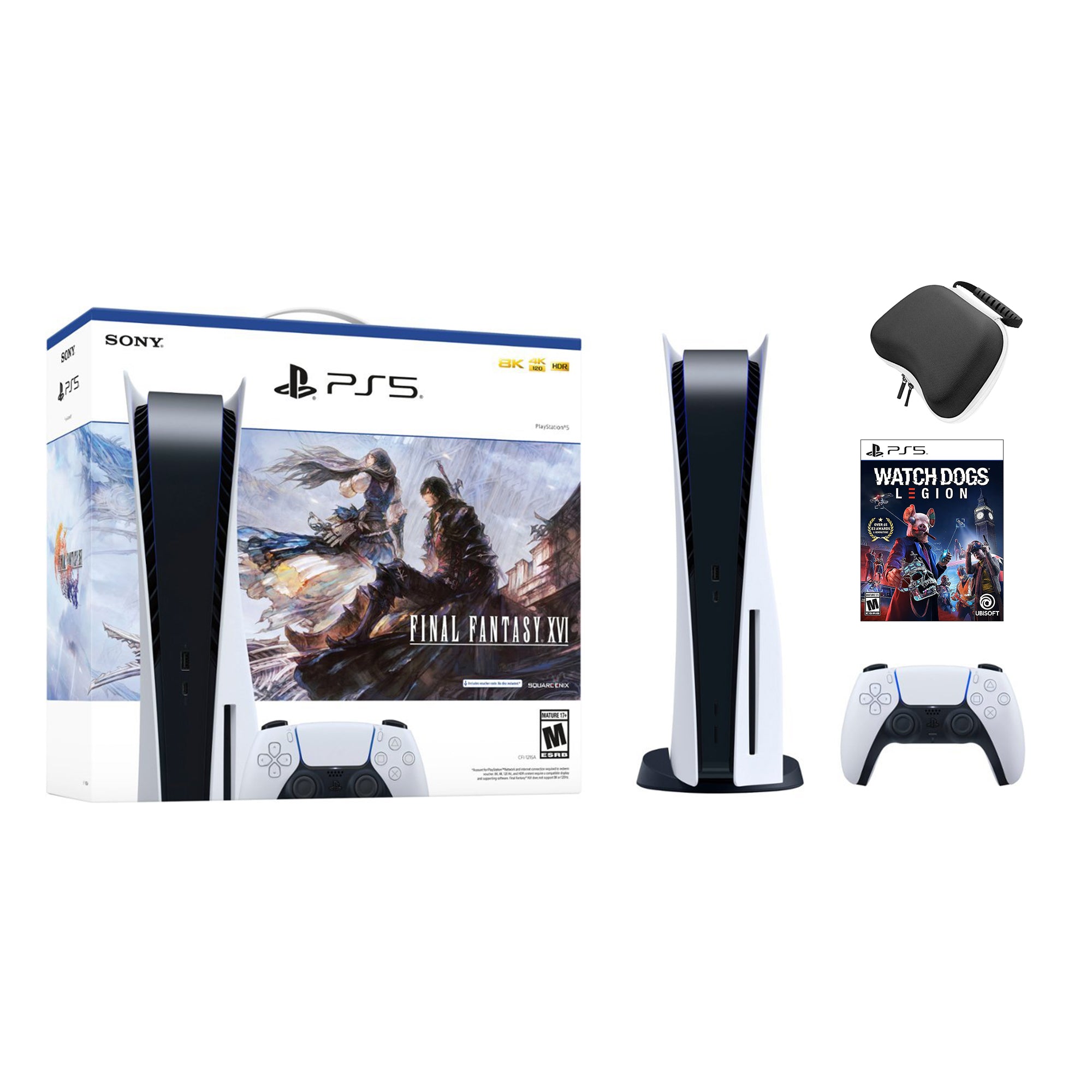 Playstation 5 Disc Edition FINAL FANTASY XVI Bundle with Watch Dogs Legions and Mytrix Controller Case - PS5, White