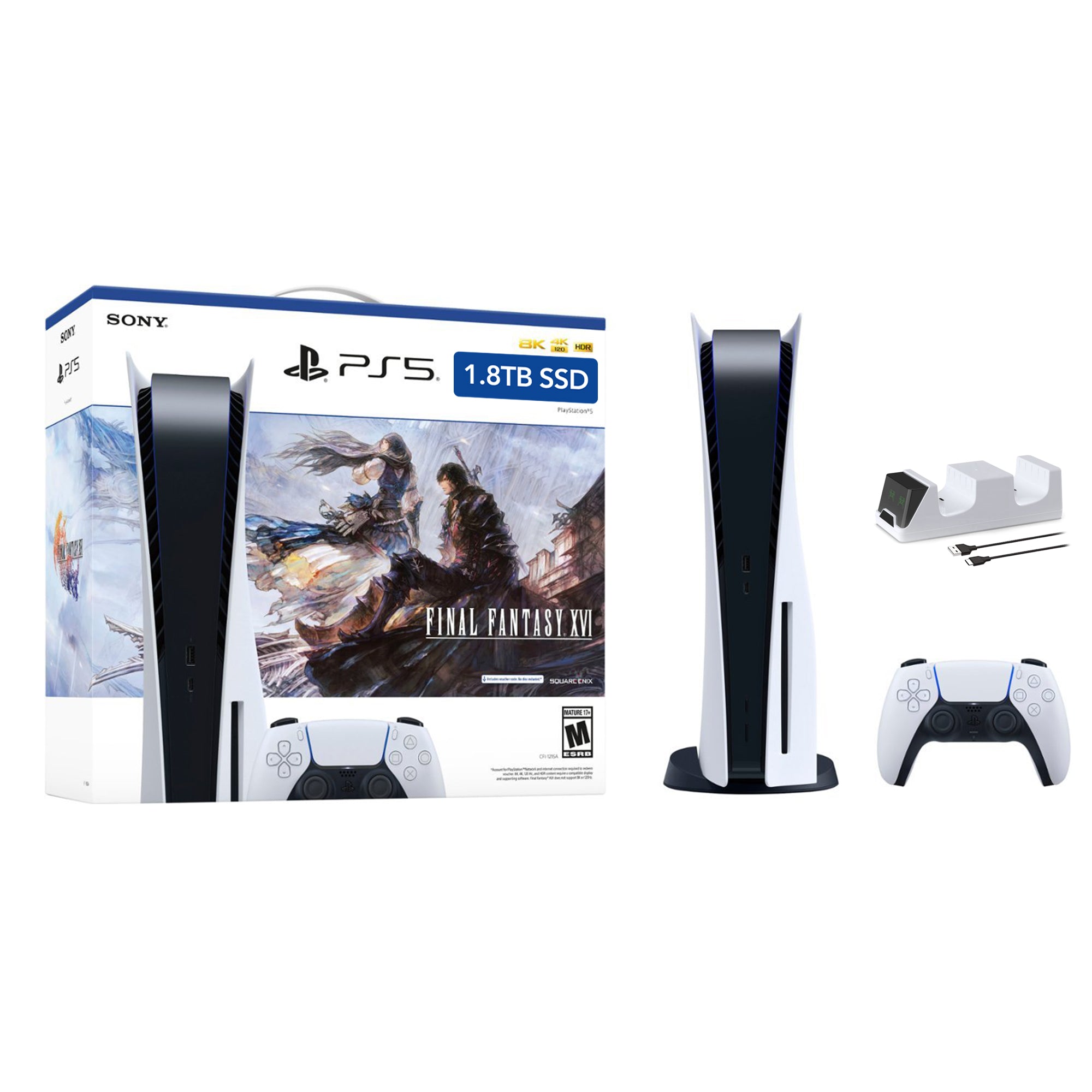 PlayStation 5 Upgraded 1.8TB Disc Edition FINAL FANTASY XVI Bundle and Mytrix Controller Charger - White, PS5 Gaming Console