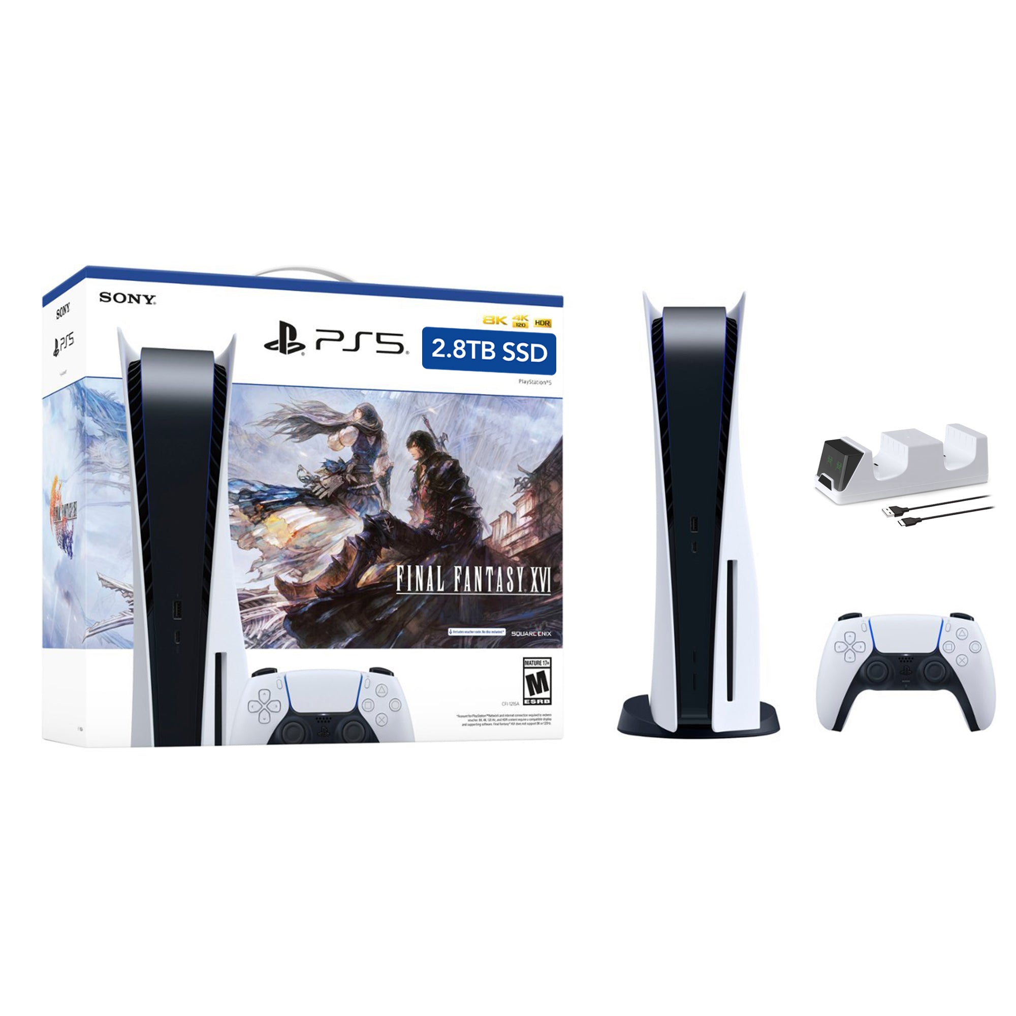 PlayStation 5 Upgraded 2.8TB Disc Edition FINAL FANTASY XVI Bundle and Mytrix Controller Charger - White, PS5 Gaming Console