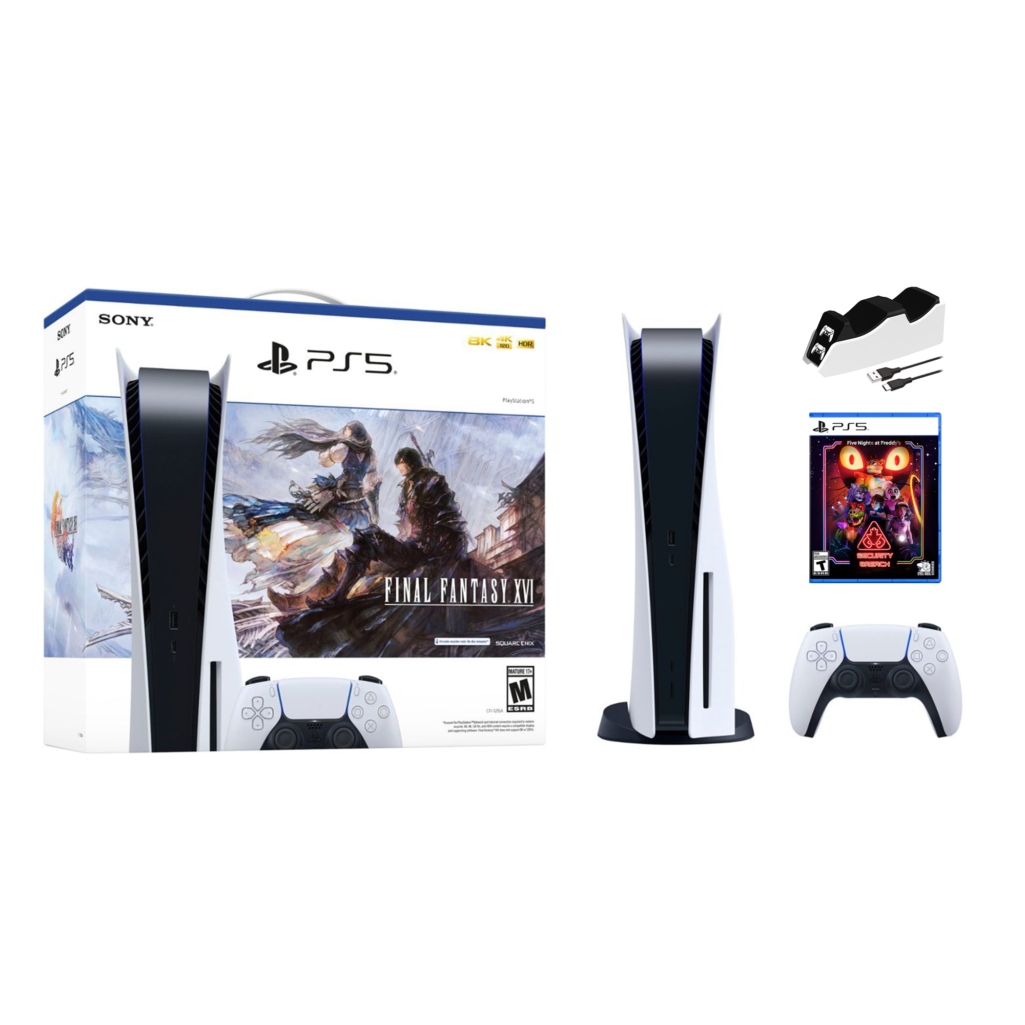Playstation 5 Disc Edition FINAL FANTASY XVI Bundle with Five Nights at Freddy's Security Breach and Mytrix Controller Charger - PS5, White