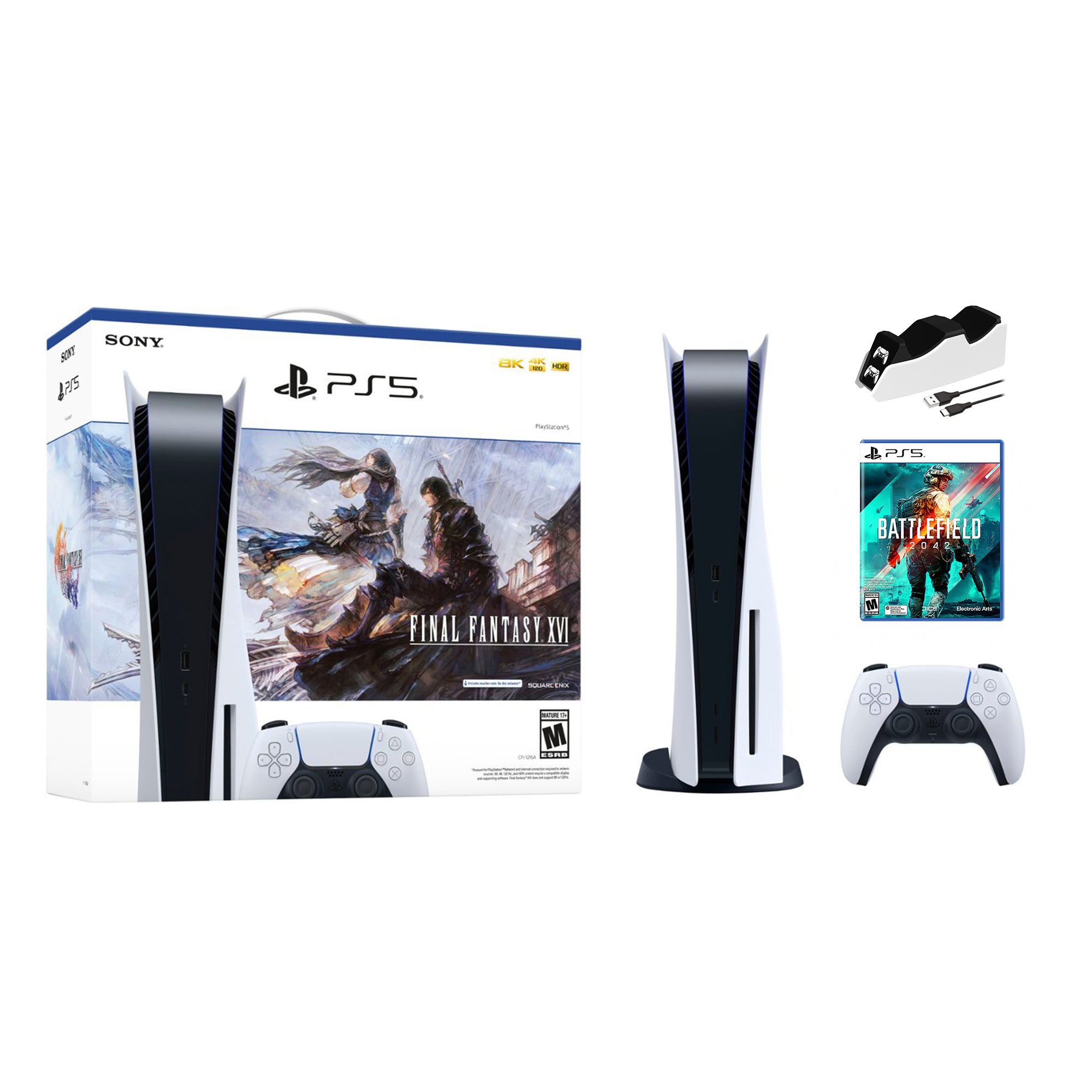 Playstation 5 Disc Edition FINAL FANTASY XVI Bundle with Battlefield 2042 and Mytrix Controller Charger - PS5, White