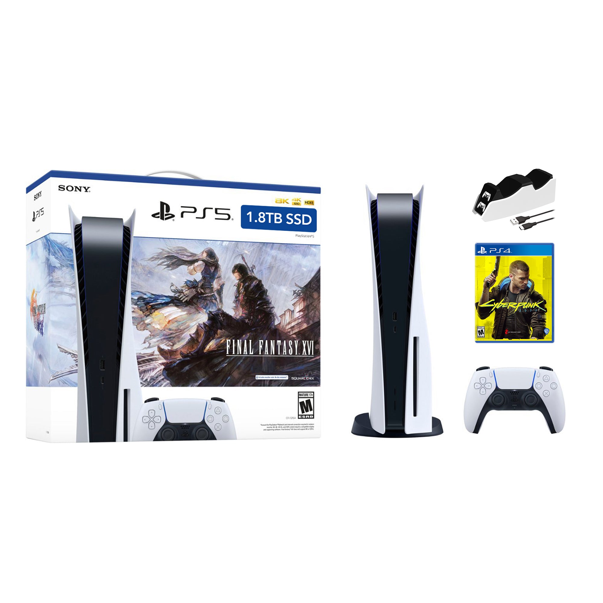 PlayStation 5 Upgraded 1.8TB Disc Edition FINAL FANTASY XVI Bundle with Cyberpunk 2077 and Mytrix Controller Charger - PS5, White