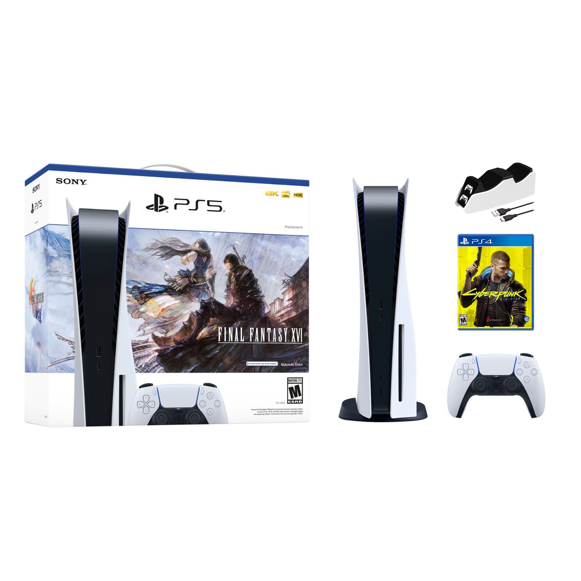 Playstation 5 Disc Edition FINAL FANTASY XVI Bundle with Cyberpunk 2077 and Mytrix Controller Charger - PS5, White