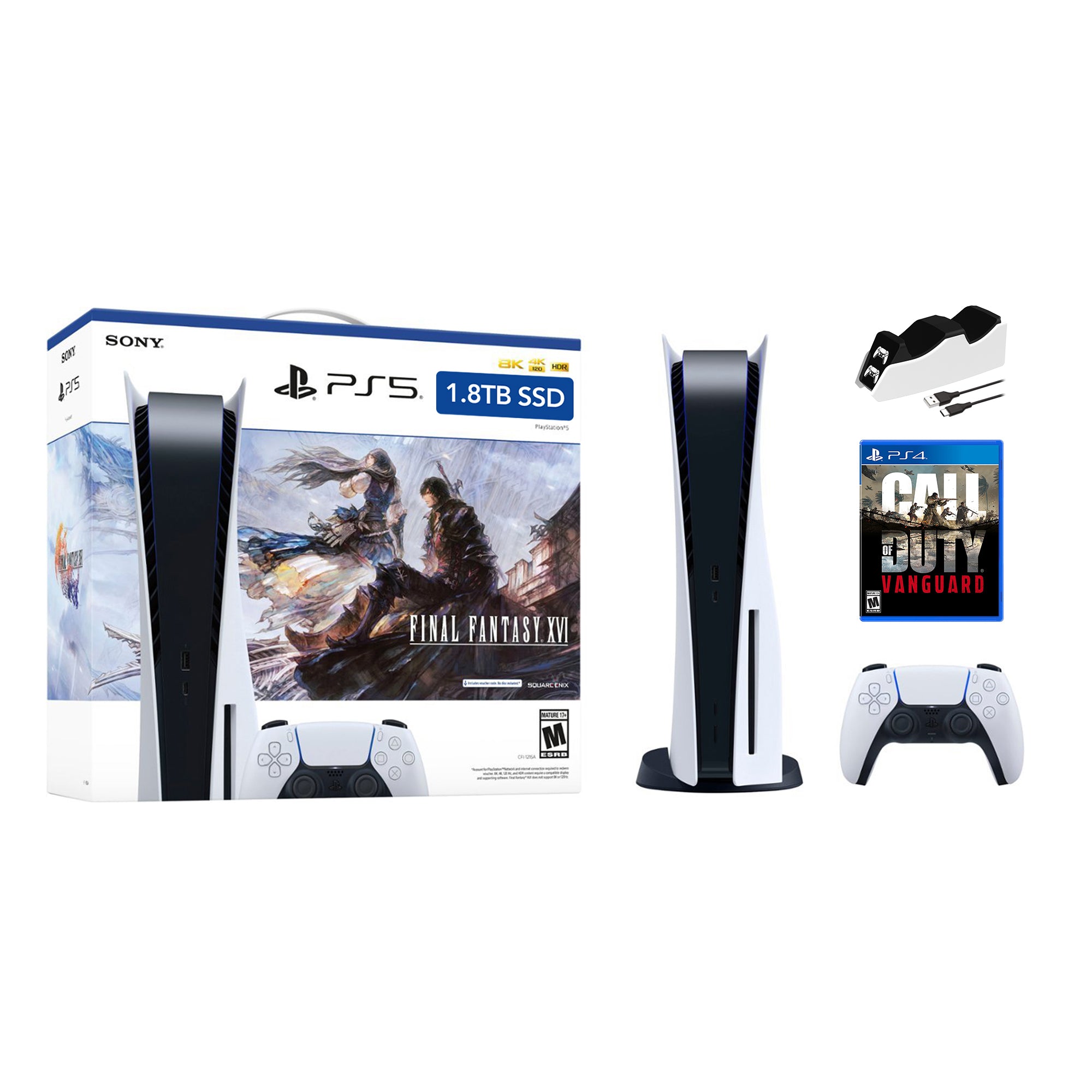 PlayStation 5 Upgraded 1.8TB Disc Edition FINAL FANTASY XVI Bundle with Call of Duty Vanguard and Mytrix Controller Charger - PS5, White