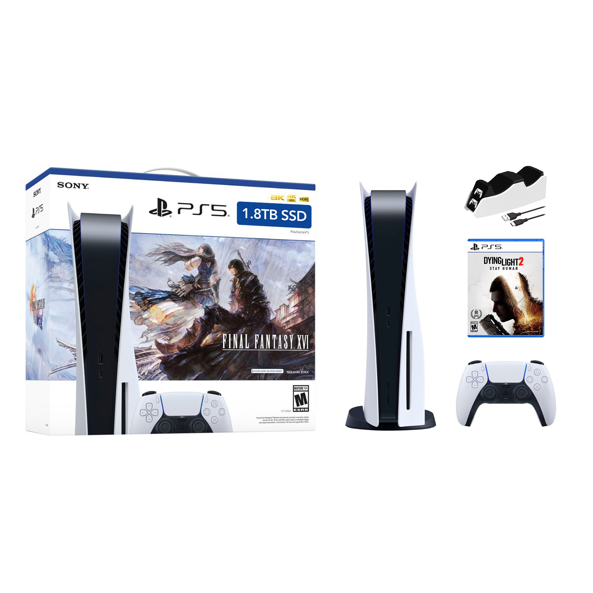 PlayStation 5 Upgraded 1.8TB Disc Edition FINAL FANTASY XVI Bundle with Dying Light 2 Stay Human and Mytrix Controller Charger - PS5, White