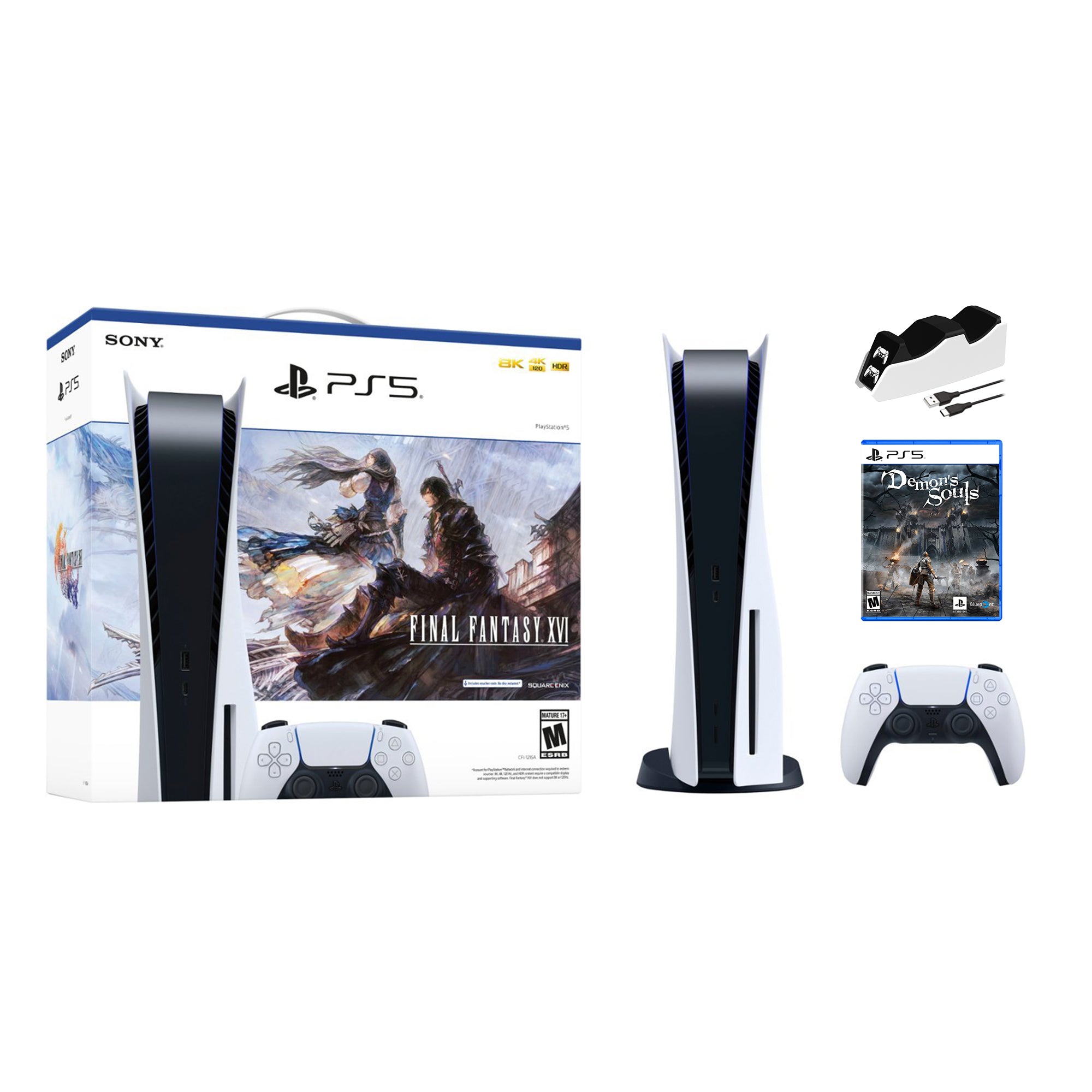 Playstation 5 Disc Edition FINAL FANTASY XVI Bundle with Demon's Soul and Mytrix Controller Charger - PS5, White