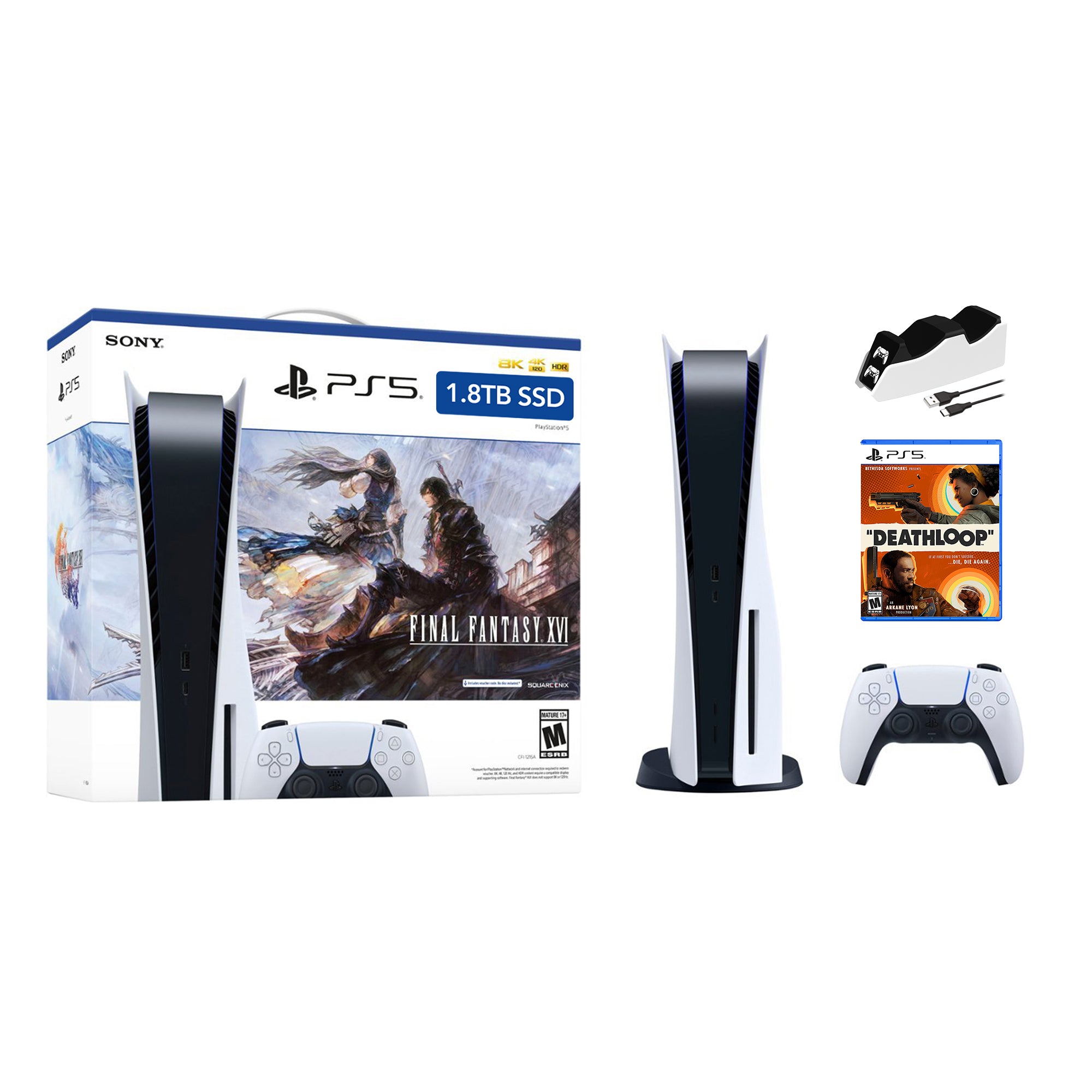 PlayStation 5 Upgraded 1.8TB Disc Edition FINAL FANTASY XVI Bundle with DEATHLOOP and Mytrix Controller Charger - PS5, White