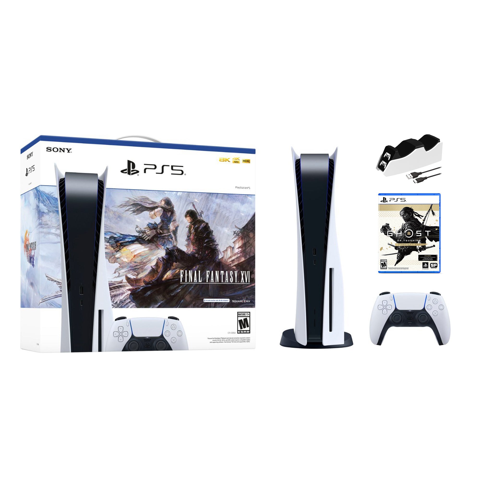 Playstation 5 Disc Edition FINAL FANTASY XVI Bundle with Ghost of Tsushima Director's Cut and Mytrix Controller Charger - PS5, White