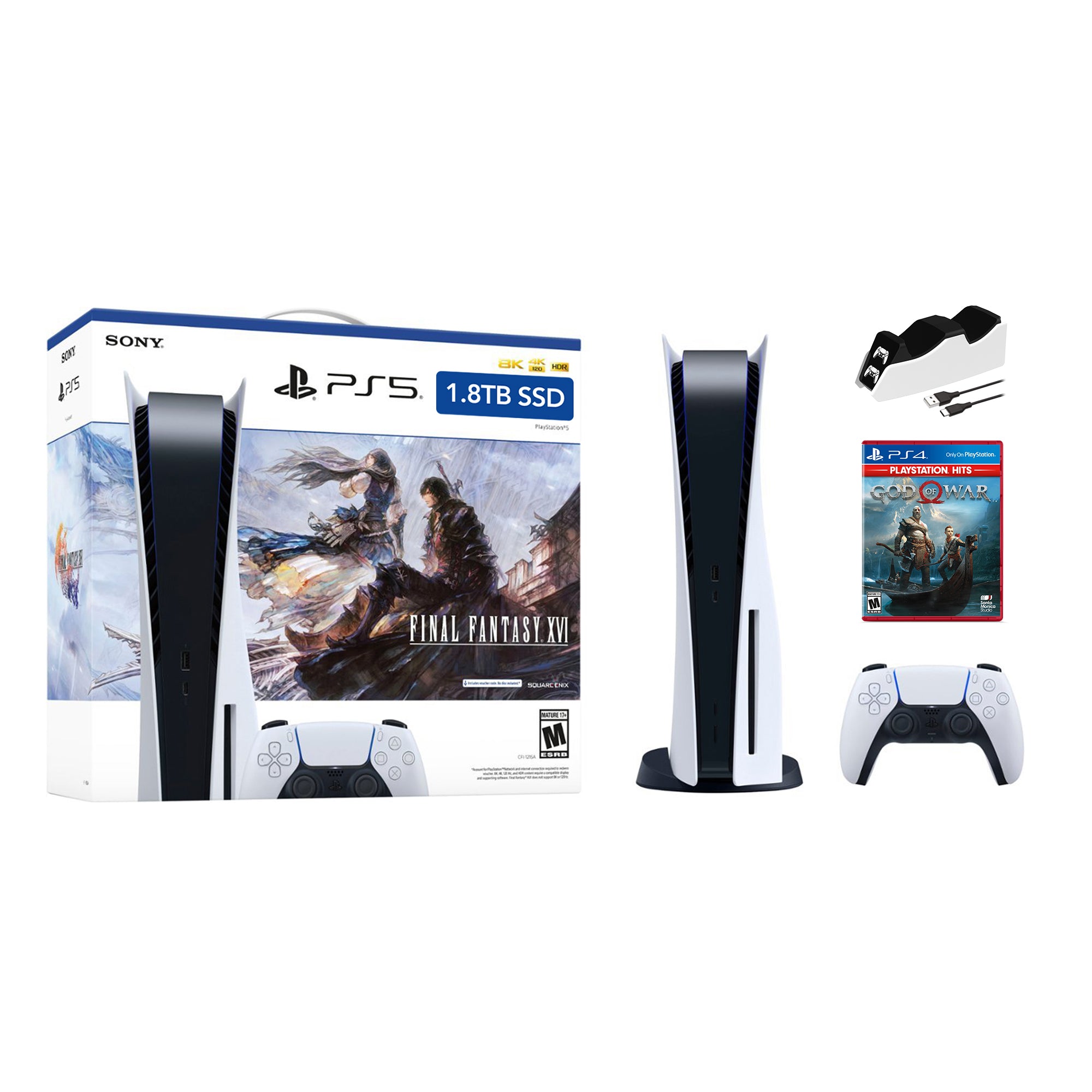 PlayStation 5 Upgraded 1.8TB Disc Edition FINAL FANTASY XVI Bundle with God of War and Mytrix Controller Charger - PS5, White