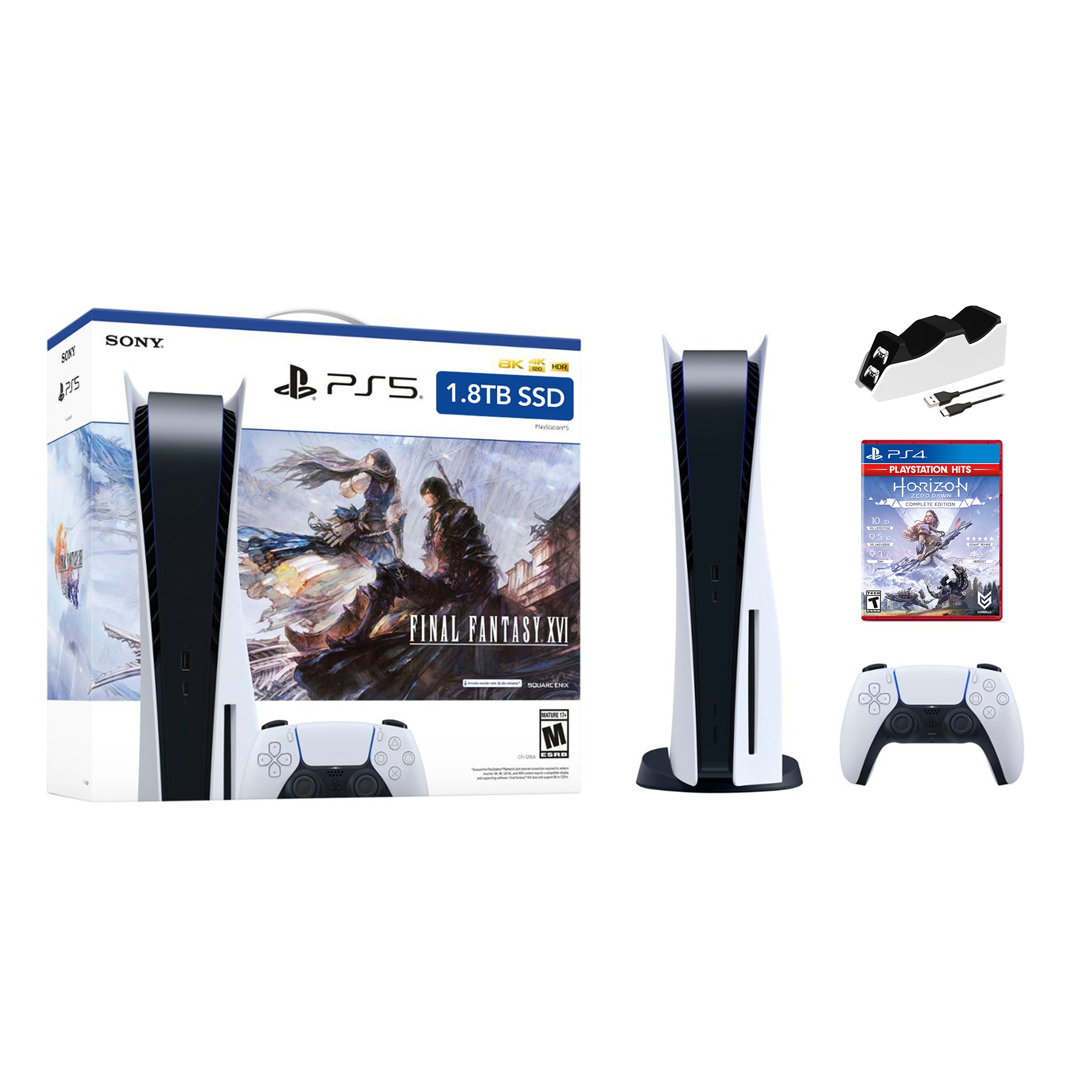 PlayStation 5 Upgraded 1.8TB Disc Edition FINAL FANTASY XVI Bundle with Horizon Zero Dawn and Mytrix Controller Charger - PS5, White