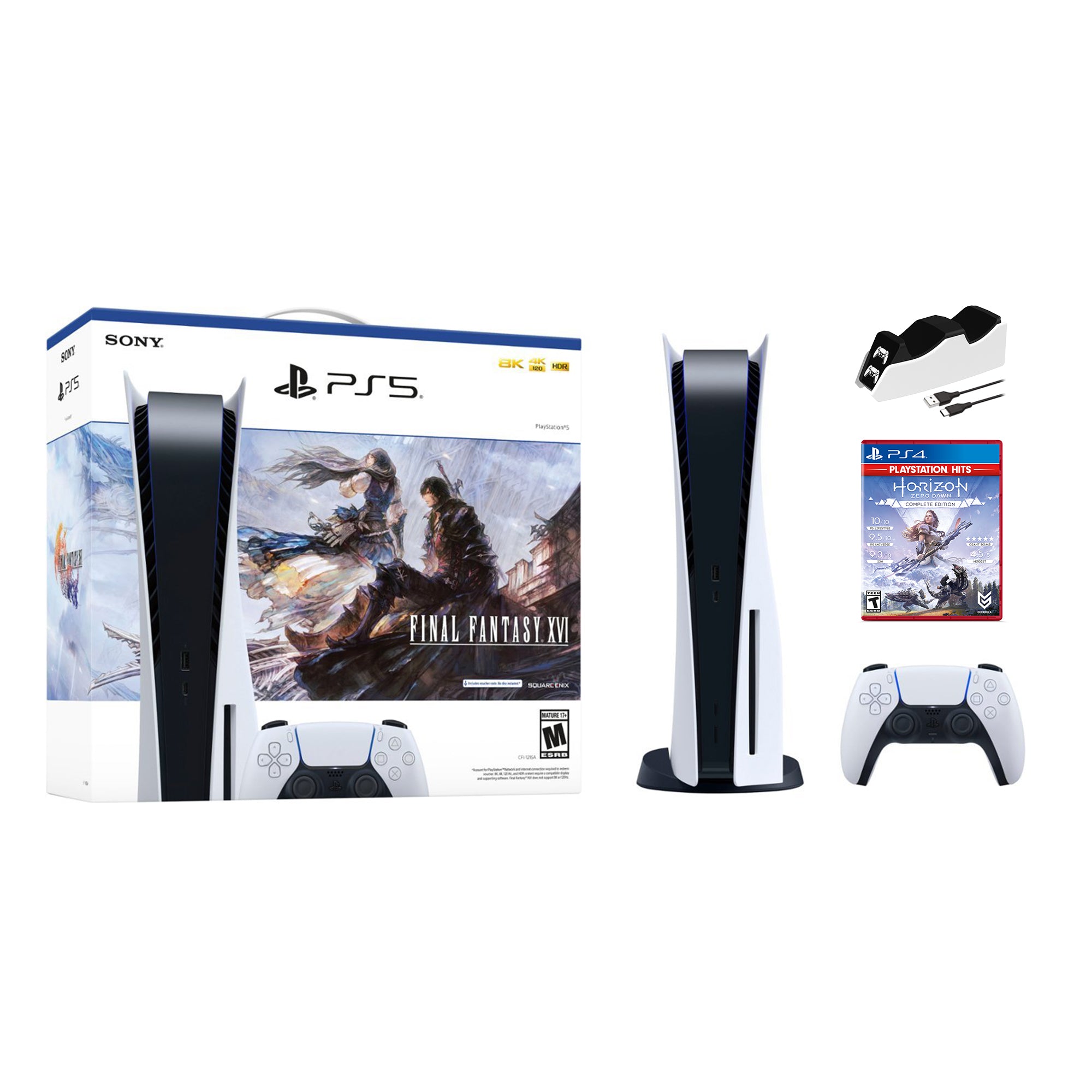 Playstation 5 Disc Edition FINAL FANTASY XVI Bundle with Horizon Zero Dawn and Mytrix Controller Charger - PS5, White