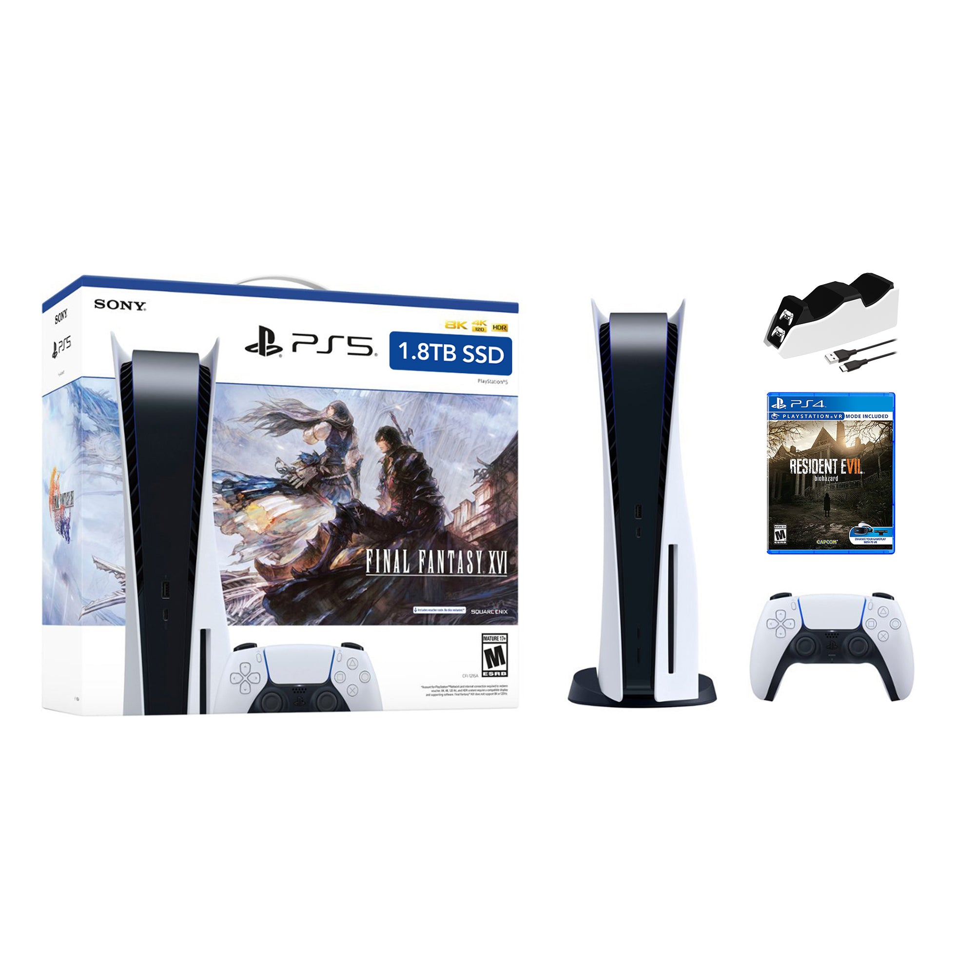 PlayStation 5 Upgraded 1.8TB Disc Edition FINAL FANTASY XVI Bundle with Resident Evil 7 and Mytrix Controller Charger - PS5, White