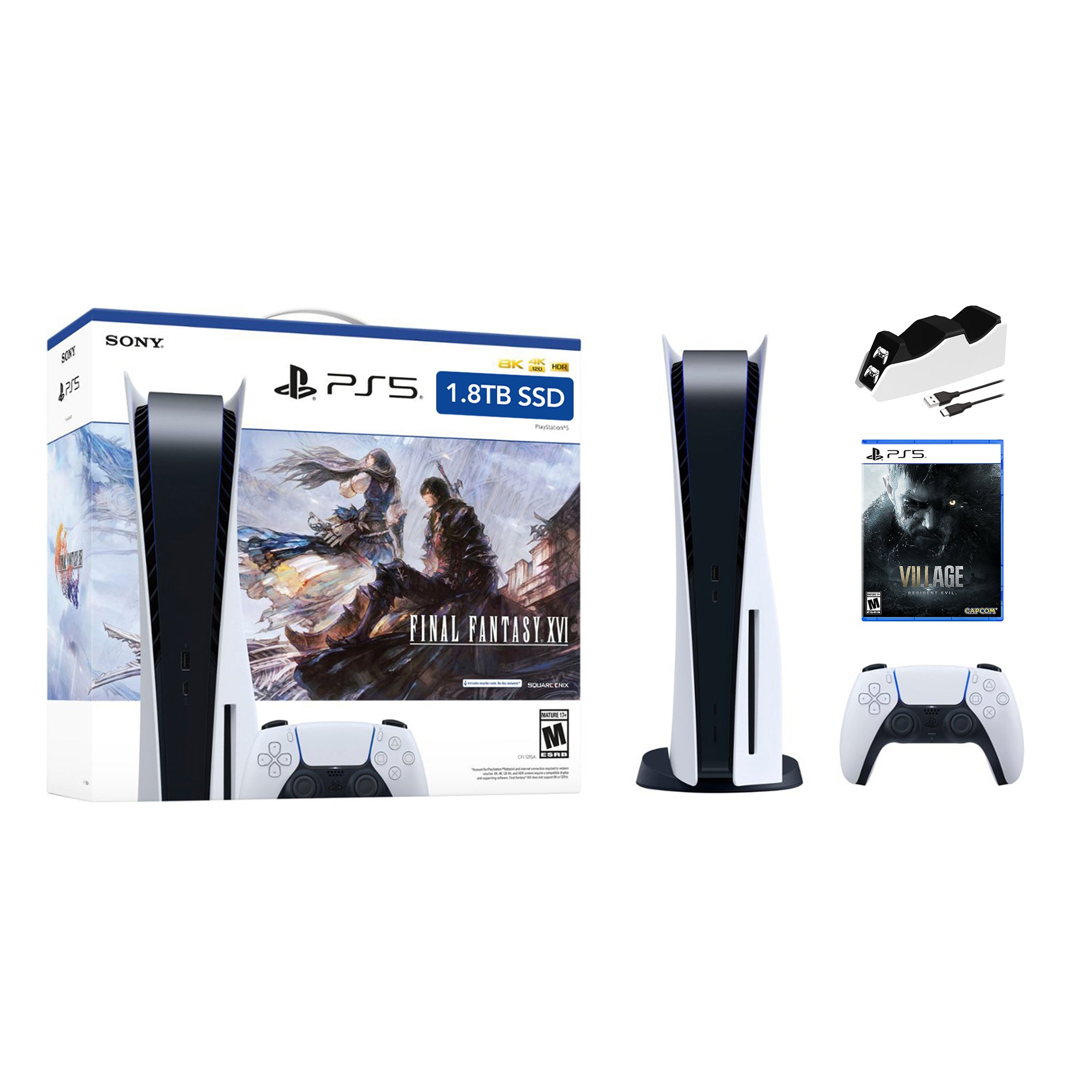 PlayStation 5 Upgraded 1.8TB Disc Edition FINAL FANTASY XVI Bundle with Resident Evil Village and Mytrix Controller Charger - PS5, White