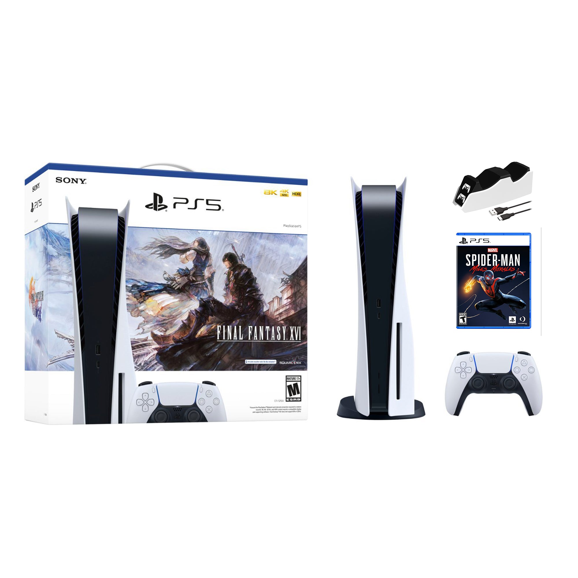Playstation 5 Disc Edition FINAL FANTASY XVI Bundle with Spider-Man: Miles Morales and Mytrix Controller Charger - PS5, White