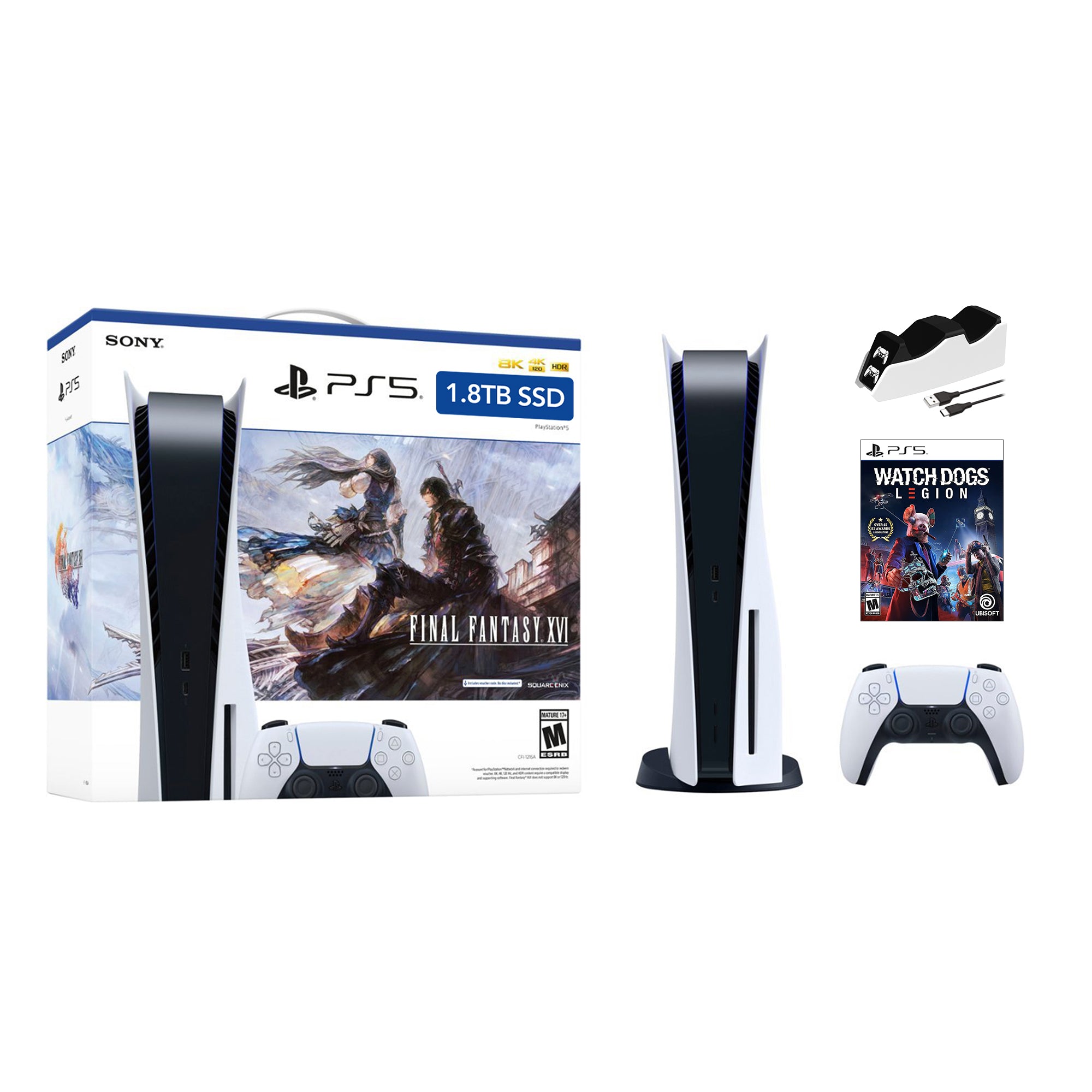 PlayStation 5 Upgraded 1.8TB Disc Edition FINAL FANTASY XVI Bundle with Watch Dogs Legions and Mytrix Controller Charger - PS5, White