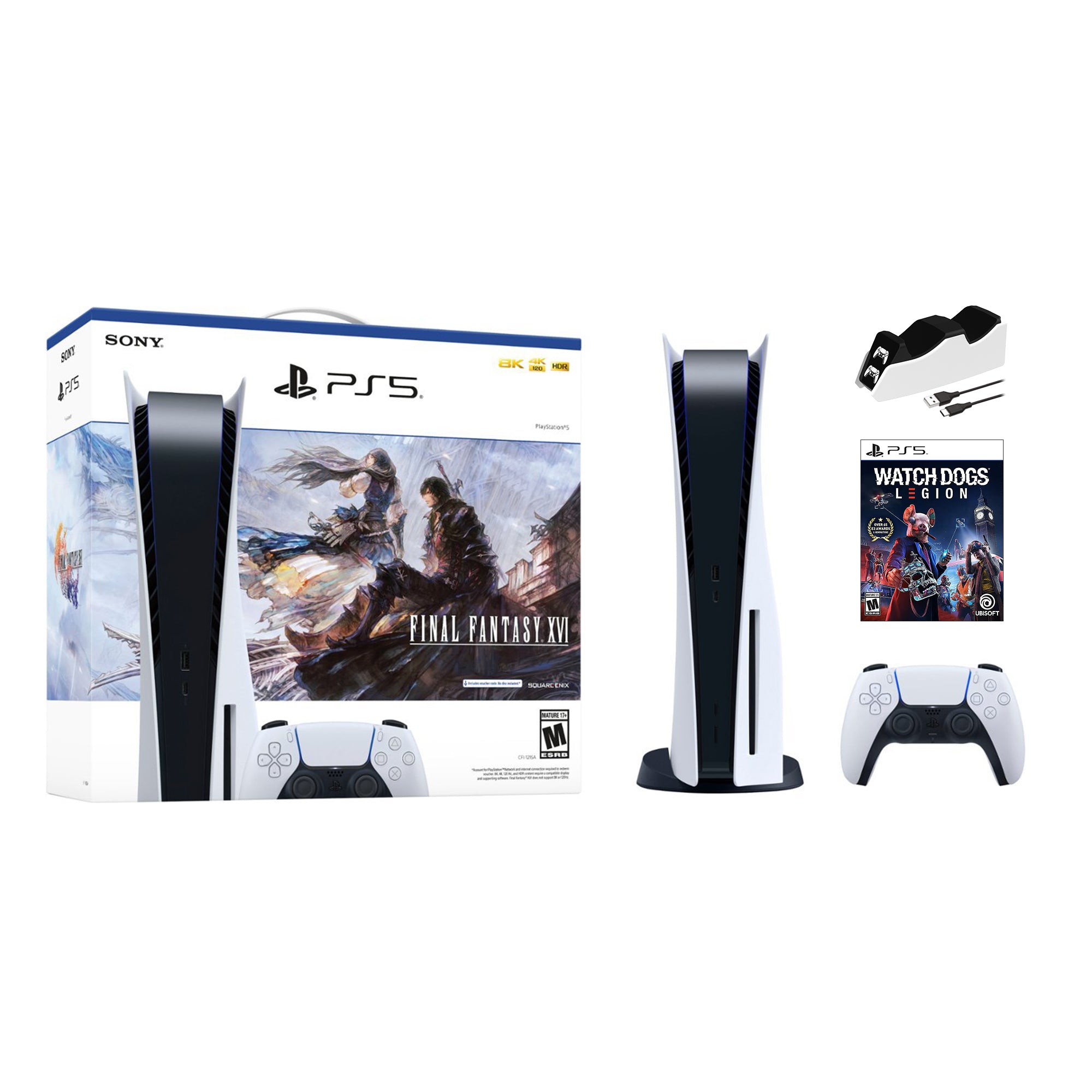 Playstation 5 Disc Edition FINAL FANTASY XVI Bundle with Watch Dogs Legions and Mytrix Controller Charger - PS5, White