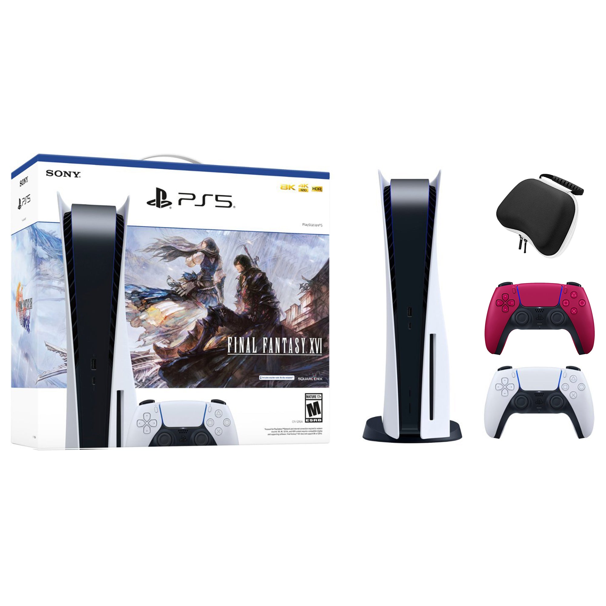 PlayStation 5 Disc Edition FINAL FANTASY XVI Bundle with Two Controllers White and Cosmic Red DualSense and Mytrix Hard Shell Protective Controller Case - PS5 Gaming Console