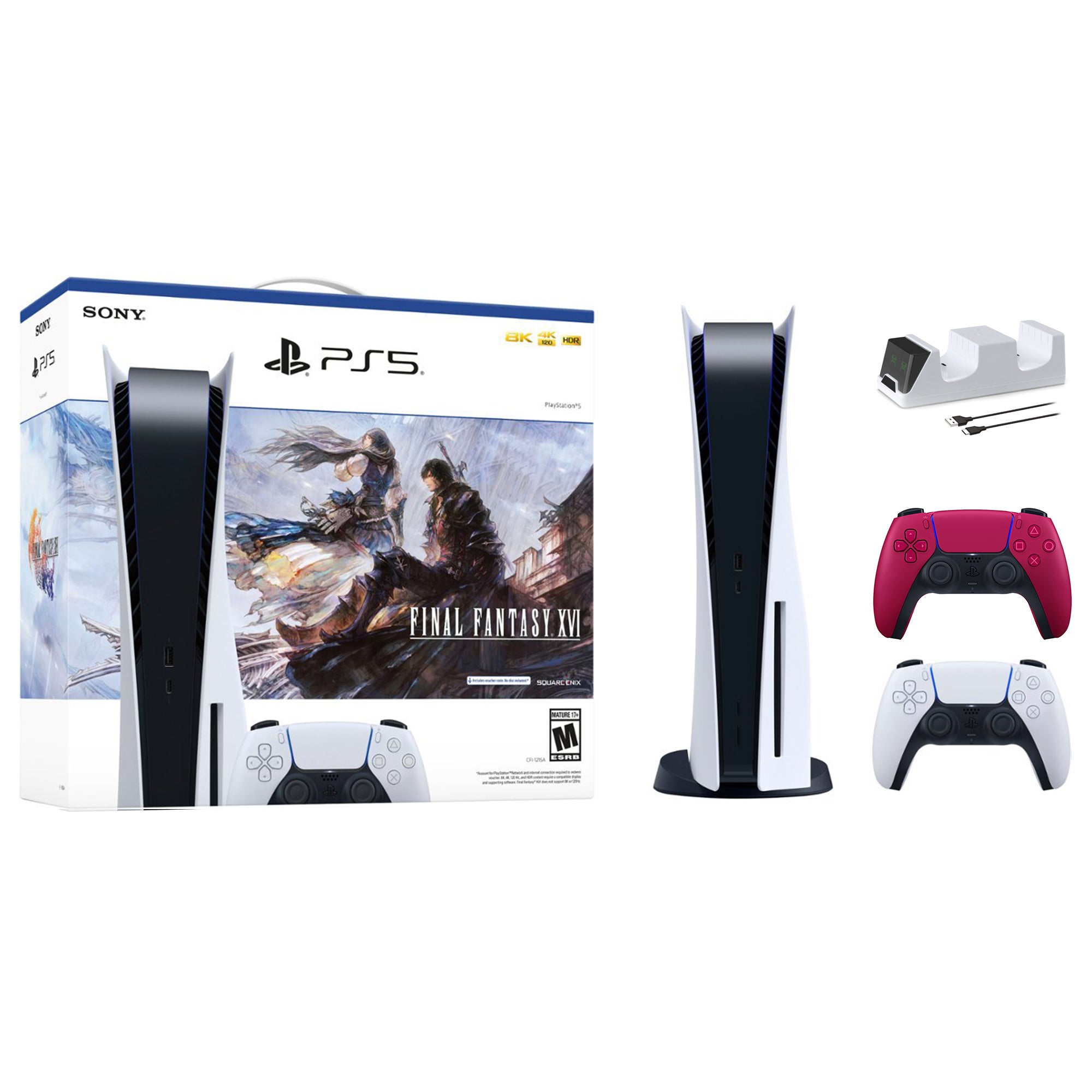 PlayStation 5 Disc Edition FINAL FANTASY XVI Bundle with Two Controllers White and Cosmic Red DualSense and Mytrix Dual Controller Charger - PS5 Gaming Console