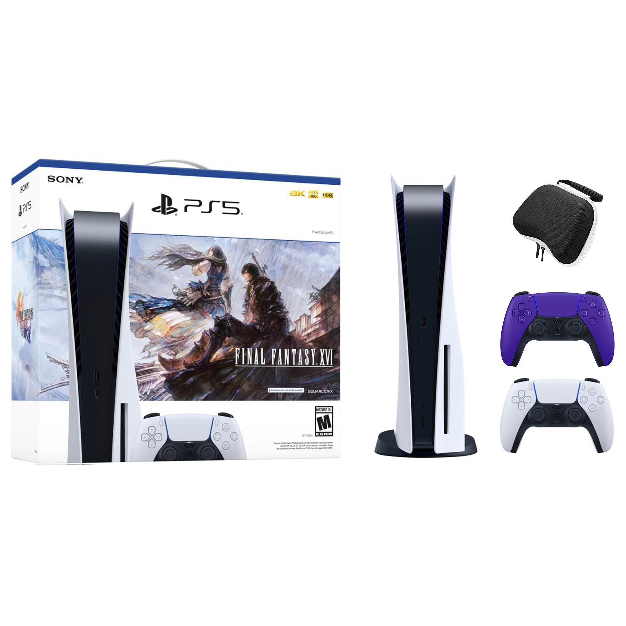 PlayStation 5 Disc Edition FINAL FANTASY XVI Bundle with Two Controllers White and Galactic Purple DualSense and Mytrix Hard Shell Protective Controller Case - PS5 Gaming Console