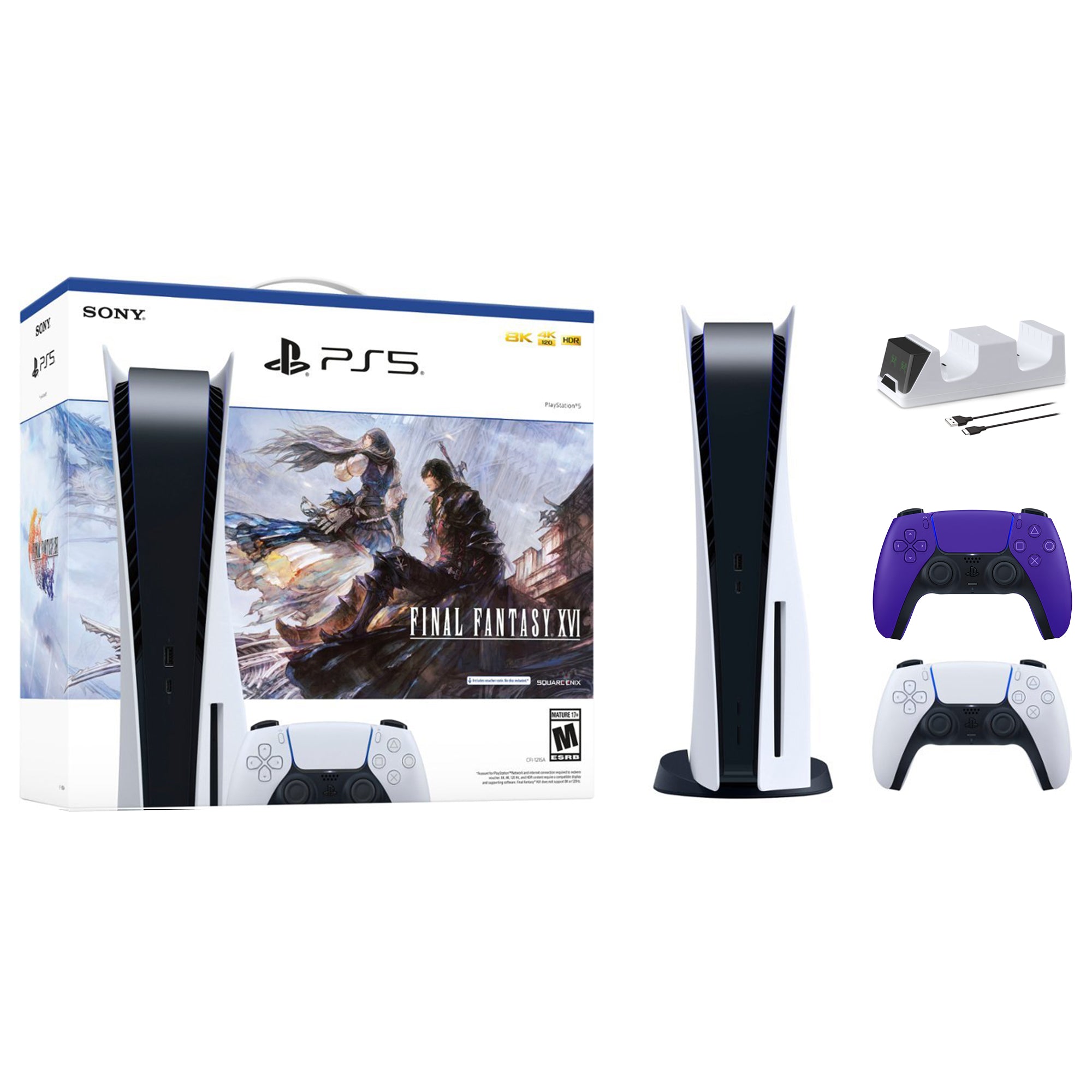 PlayStation 5 Disc Edition FINAL FANTASY XVI Bundle with Two Controllers White and Galactic Purple DualSense and Mytrix Dual Controller Charger - PS5 Gaming Console