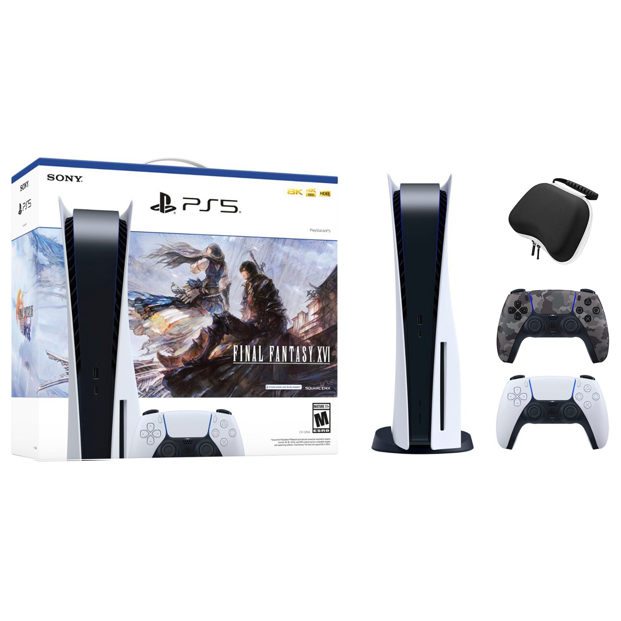 PlayStation 5 Disc Edition FINAL FANTASY XVI Bundle with Two Controllers White and Gray Camouflage DualSense and Mytrix Hard Shell Protective Controller Case - PS5 Gaming Console