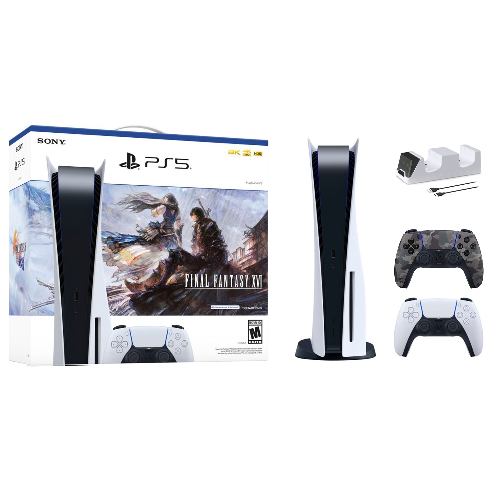 PlayStation 5 Disc Edition FINAL FANTASY XVI Bundle with Two Controllers White and Gray Camouflage DualSense and Mytrix Dual Controller Charger - PS5 Gaming Console