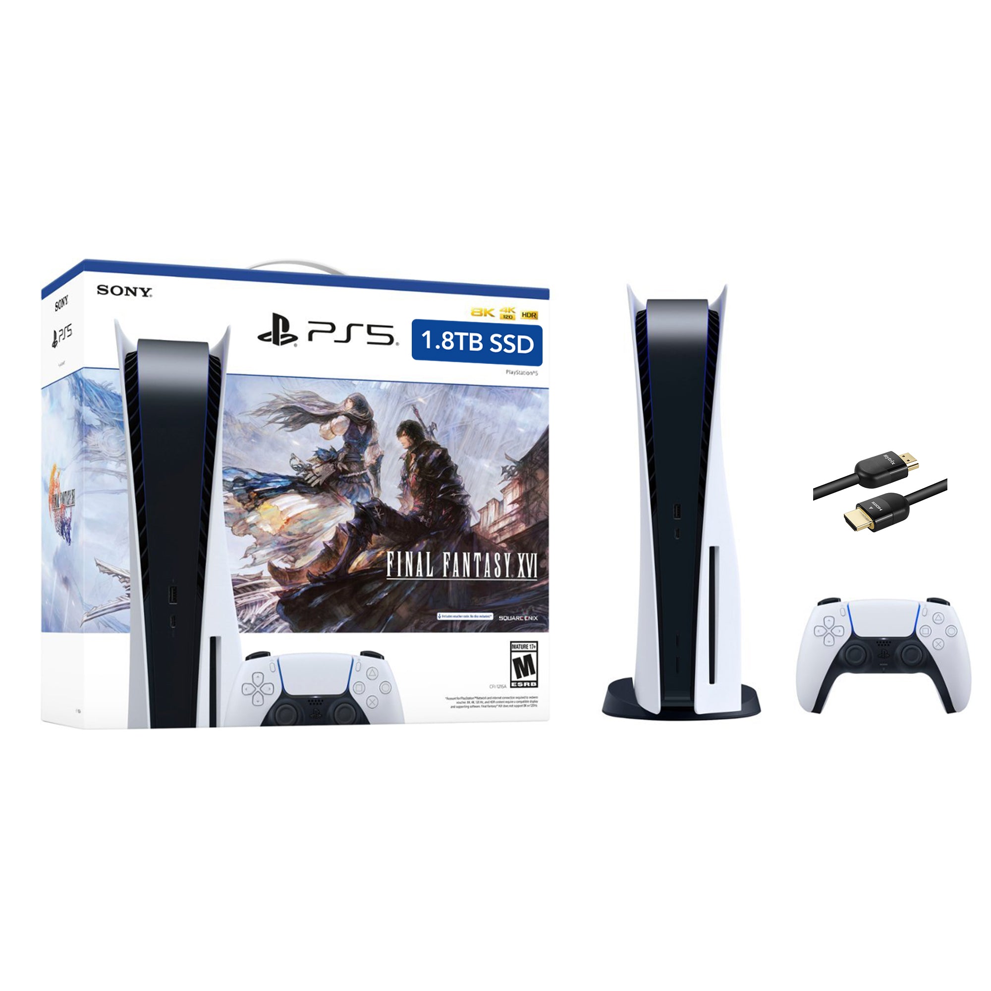 PlayStation 5 Upgraded 1.8TB Disc Edition FINAL FANTASY XVI Bundle and Mytrix 8K HDMI Ultra High Speed Cable - White, PS5 Gaming Console