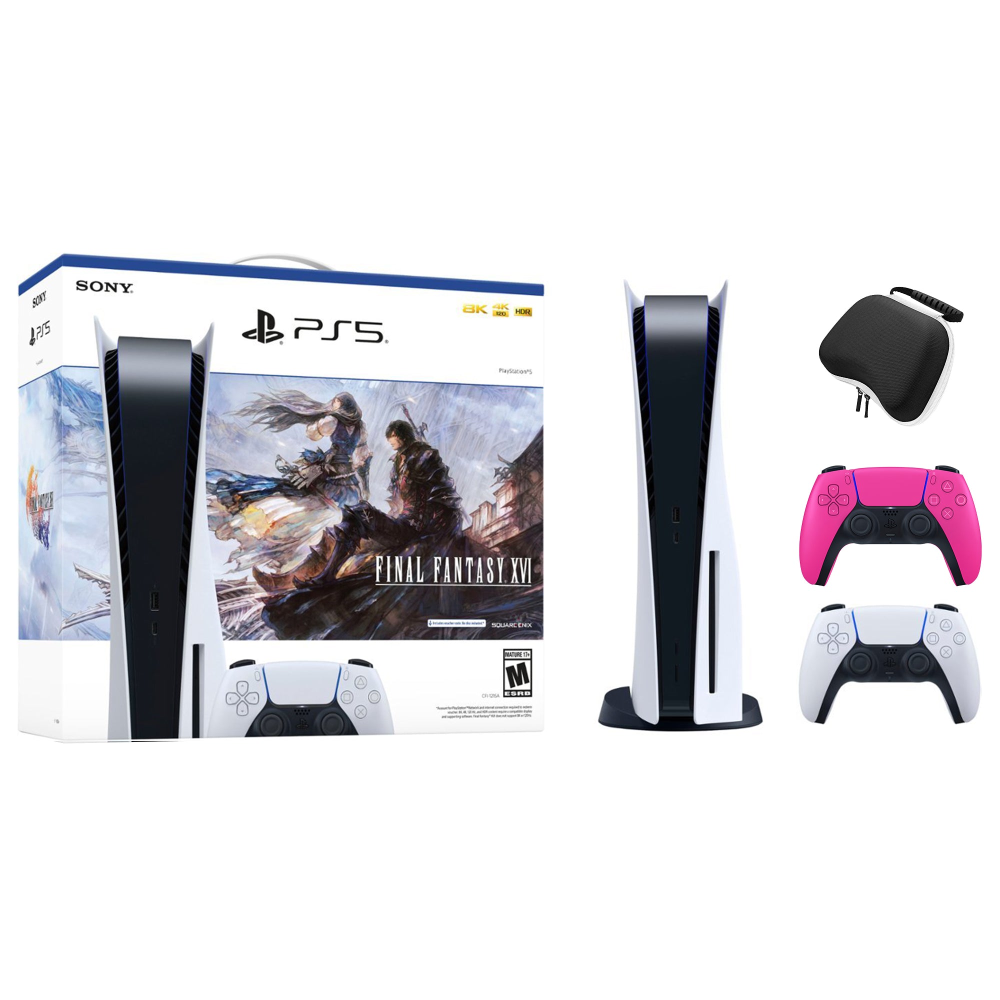 PlayStation 5 Disc Edition FINAL FANTASY XVI Bundle with Two Controllers White and Nova Pink DualSense and Mytrix Hard Shell Protective Controller Case - PS5 Gaming Console