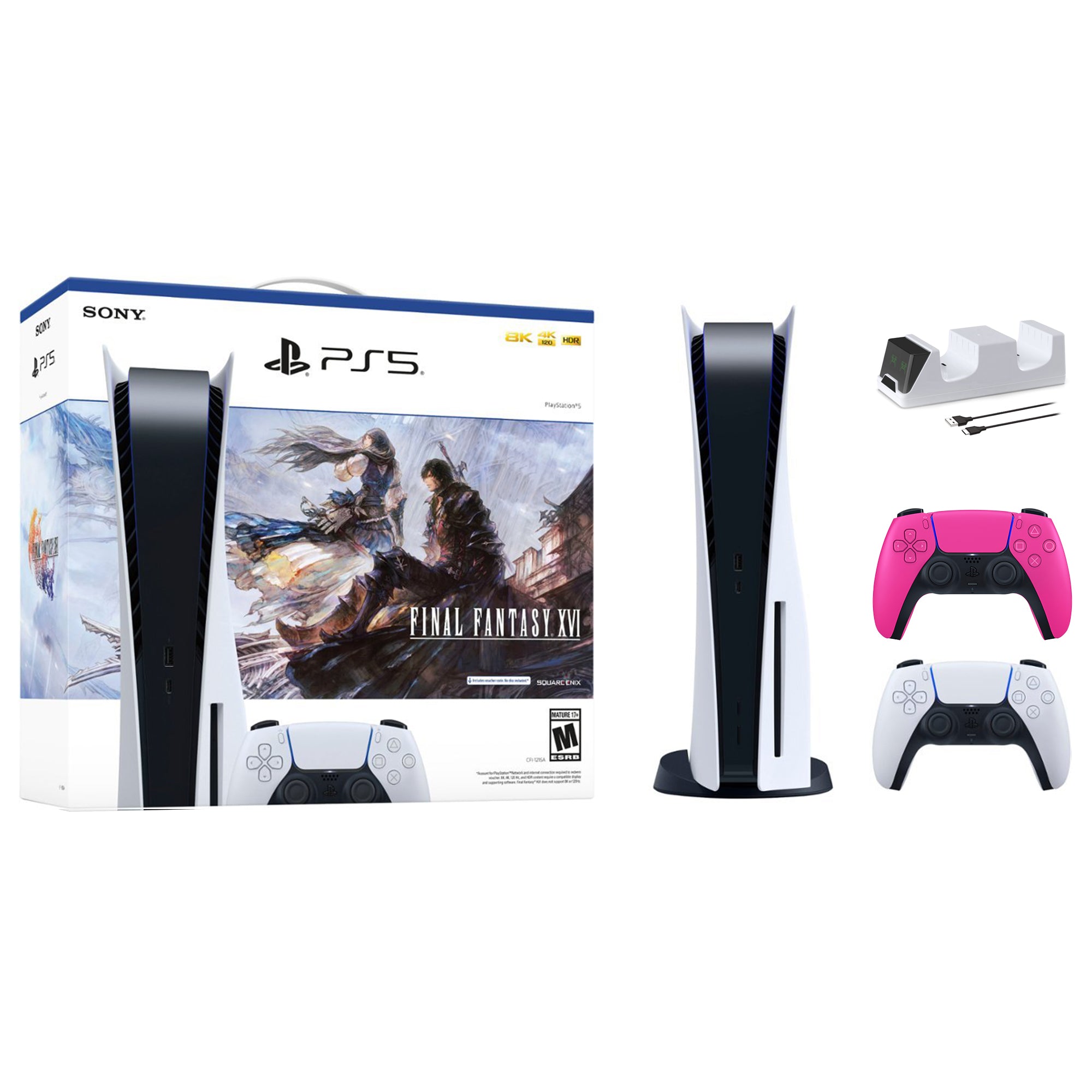 PlayStation 5 Disc Edition FINAL FANTASY XVI Bundle with Two Controllers White and Nova Pink DualSense and Mytrix Dual Controller Charger - PS5 Gaming Console