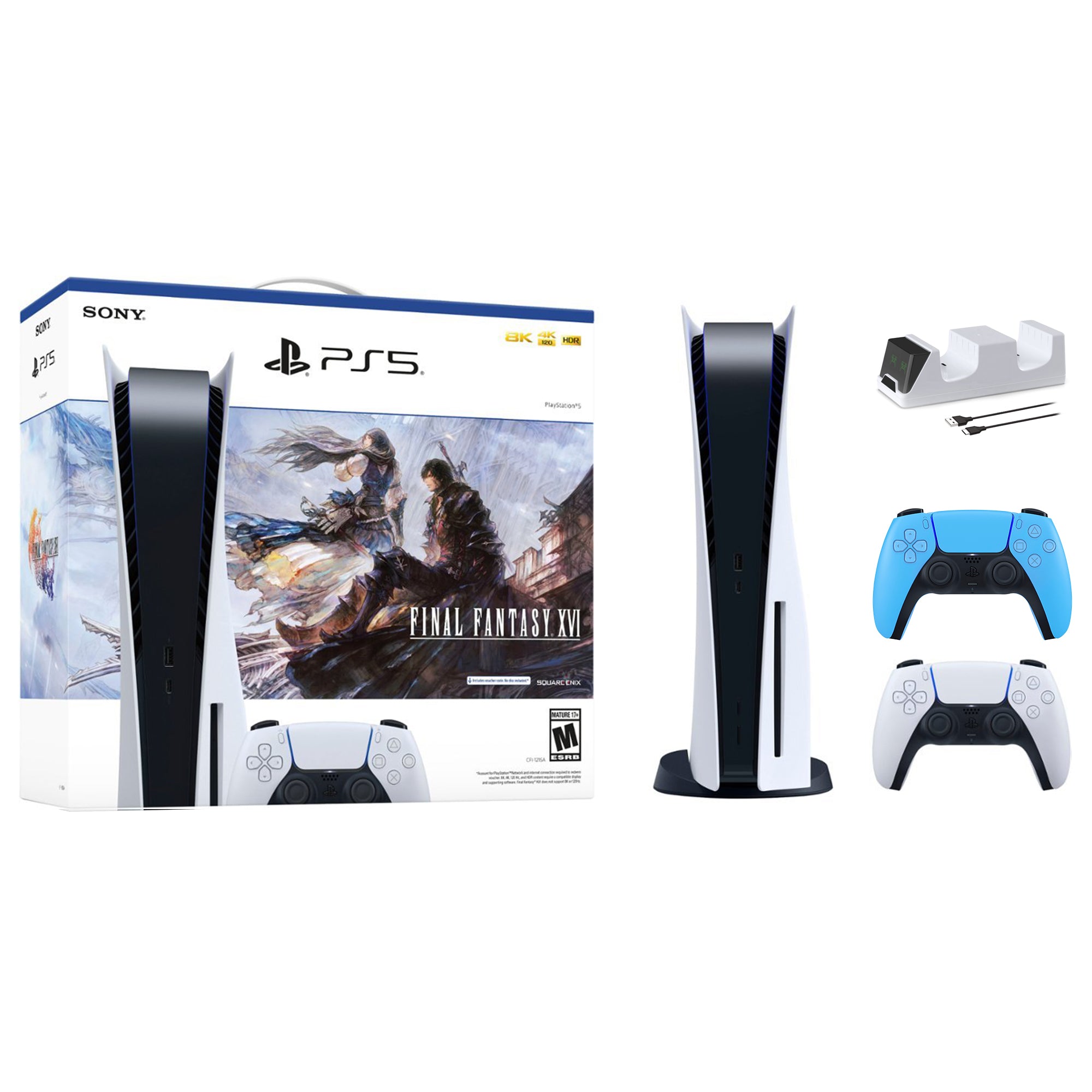 PlayStation 5 Disc Edition FINAL FANTASY XVI Bundle with Two Controllers White and Starlight Blue DualSense and Mytrix Dual Controller Charger - PS5 Gaming Console