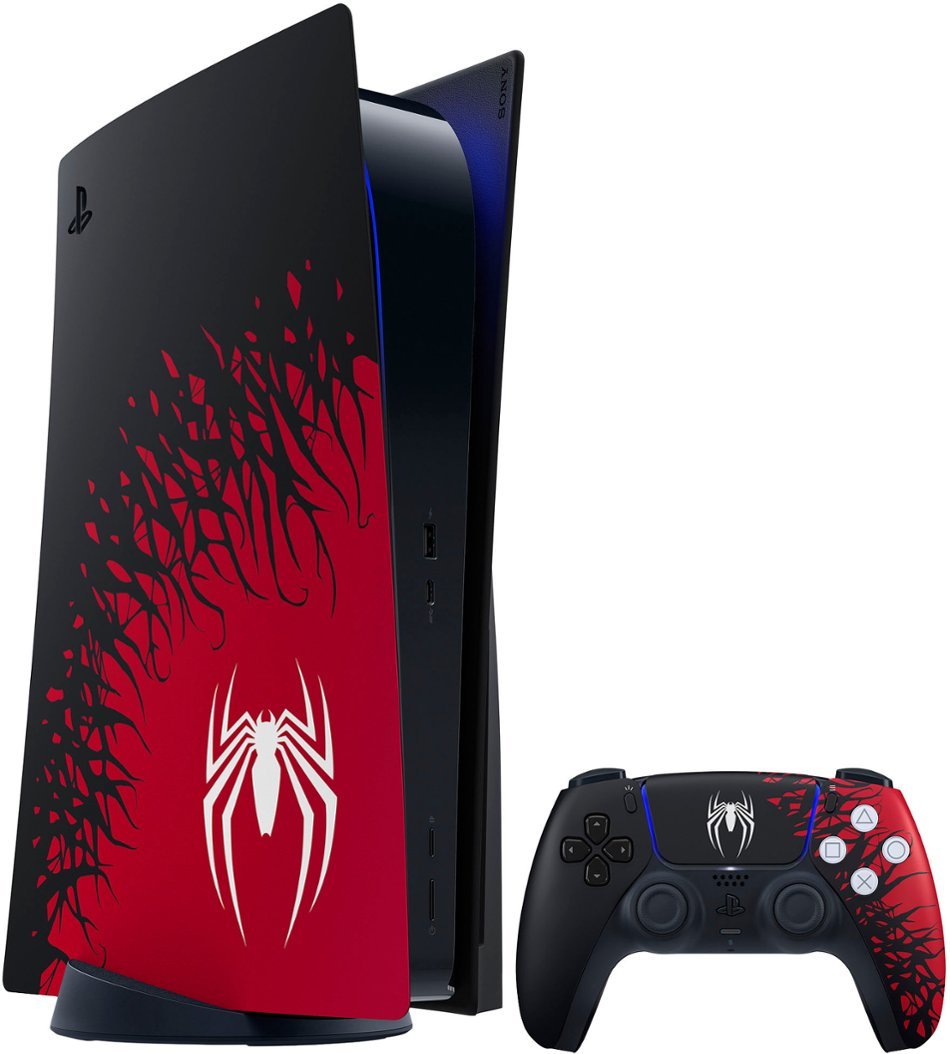 PlayStation 5 Disc Edition Marvel's Spider-Man 2 Limited Bundle with Two Controllers Spider-Man and White Dualsense and Mytrix Hard Shell Protective Controller Case - PS5 Gaming Console