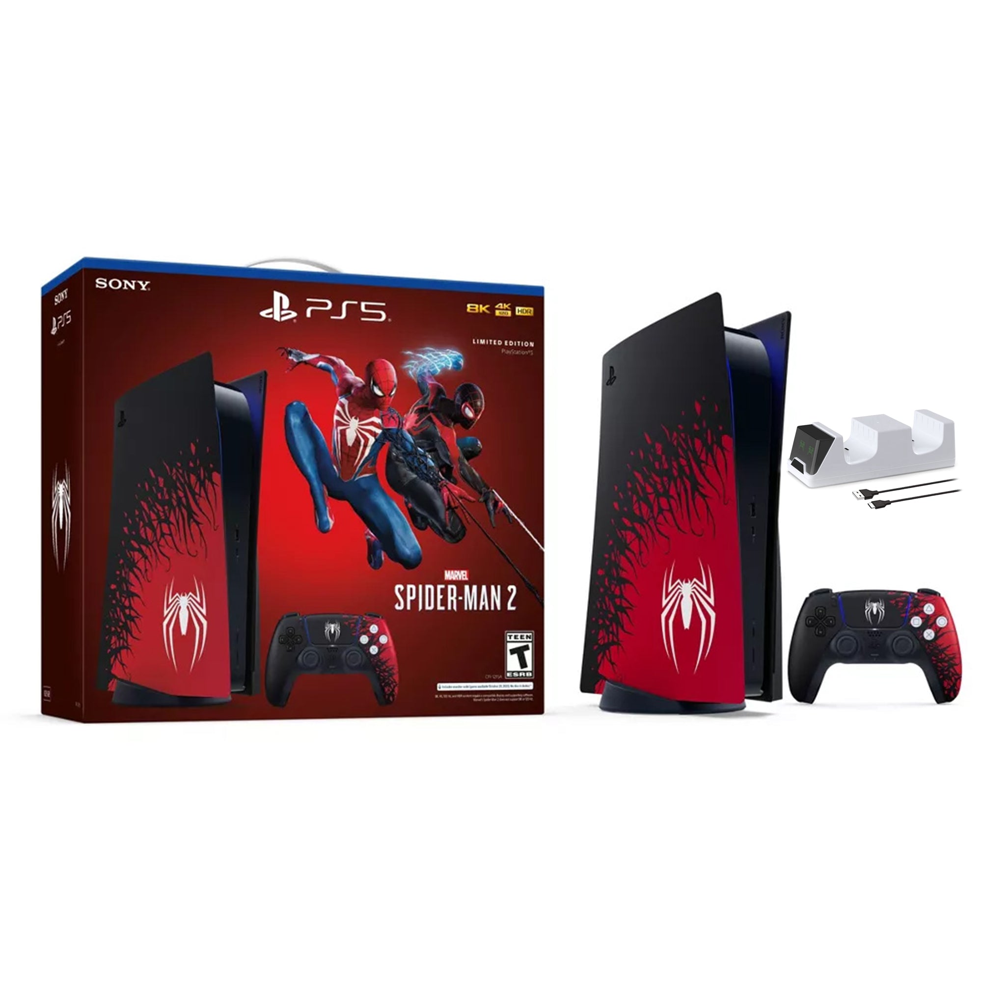 PlayStation 5 Disc Spider-Man 2 Limited Edition Bundle: SpiderMan 2 Console, Controller and Game, with Mytrix Controller Charger - Black/Red, PS5 825GB Gaming Console