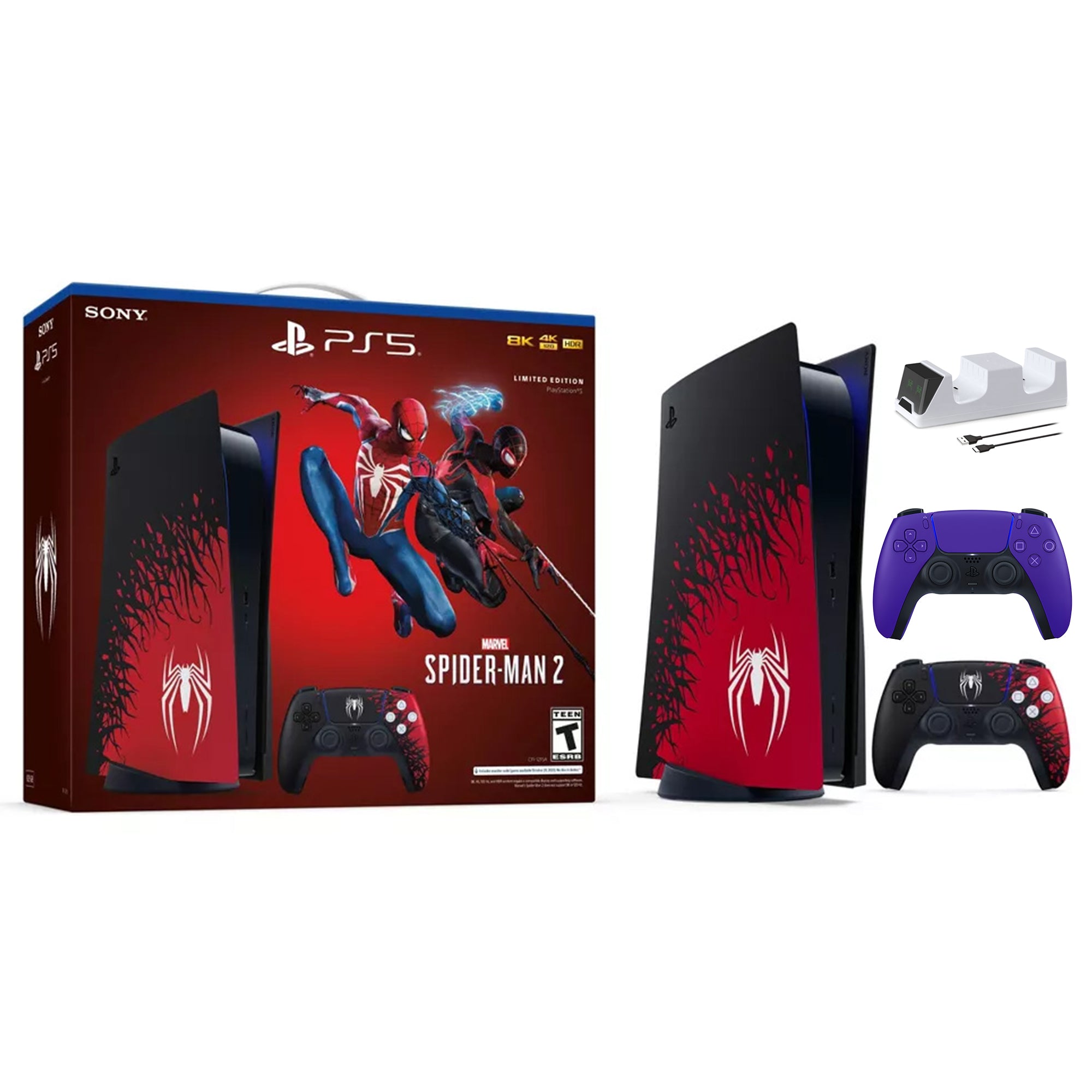 PlayStation 5 Disc Edition Marvel's Spider-Man 2 Limited Bundle with Two Controllers Spider-Man and Galactic Purple DualSense and Mytrix Dual Controller Charger - PS5 Gaming Console