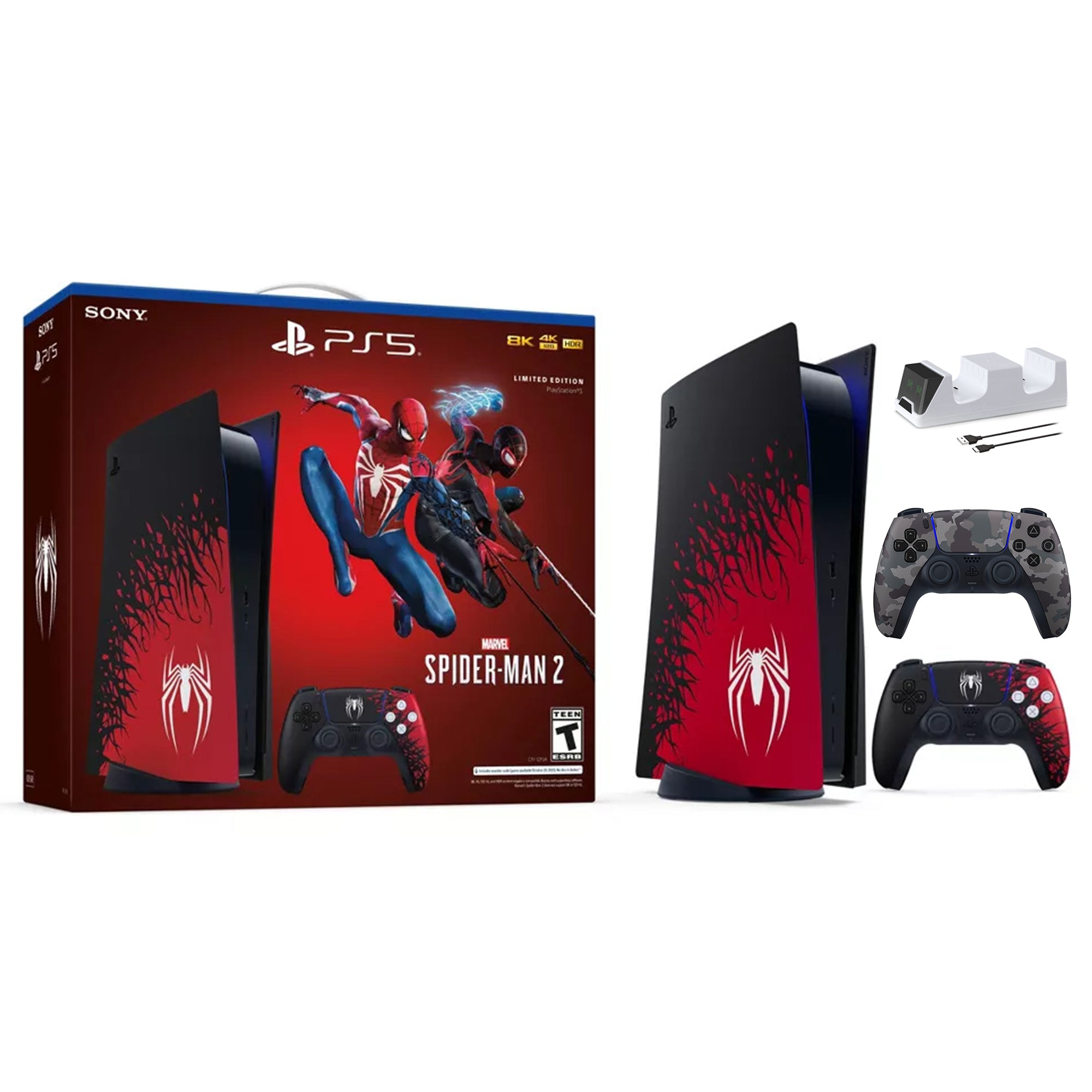 PlayStation 5 Disc Edition Marvel's Spider-Man 2 Limited Bundle with Two Controllers Spider-Man and Gray Camouflage DualSense and Mytrix Dual Controller Charger - PS5 Gaming Console