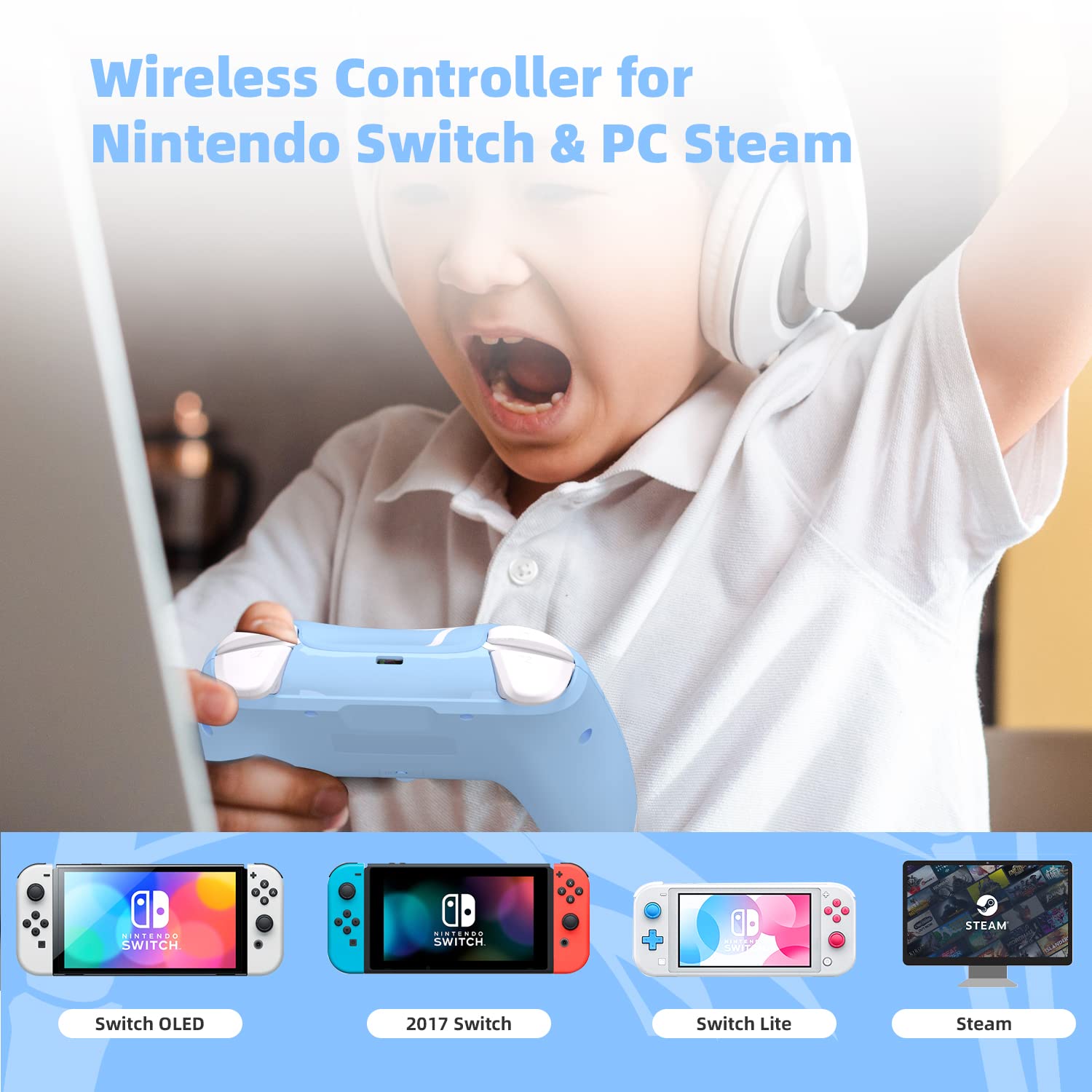 Mytrix Blue Bamboo Wireless Switch Pro Controller for Nintendo Switch, the Newest Switch OLED, and Switch Lite