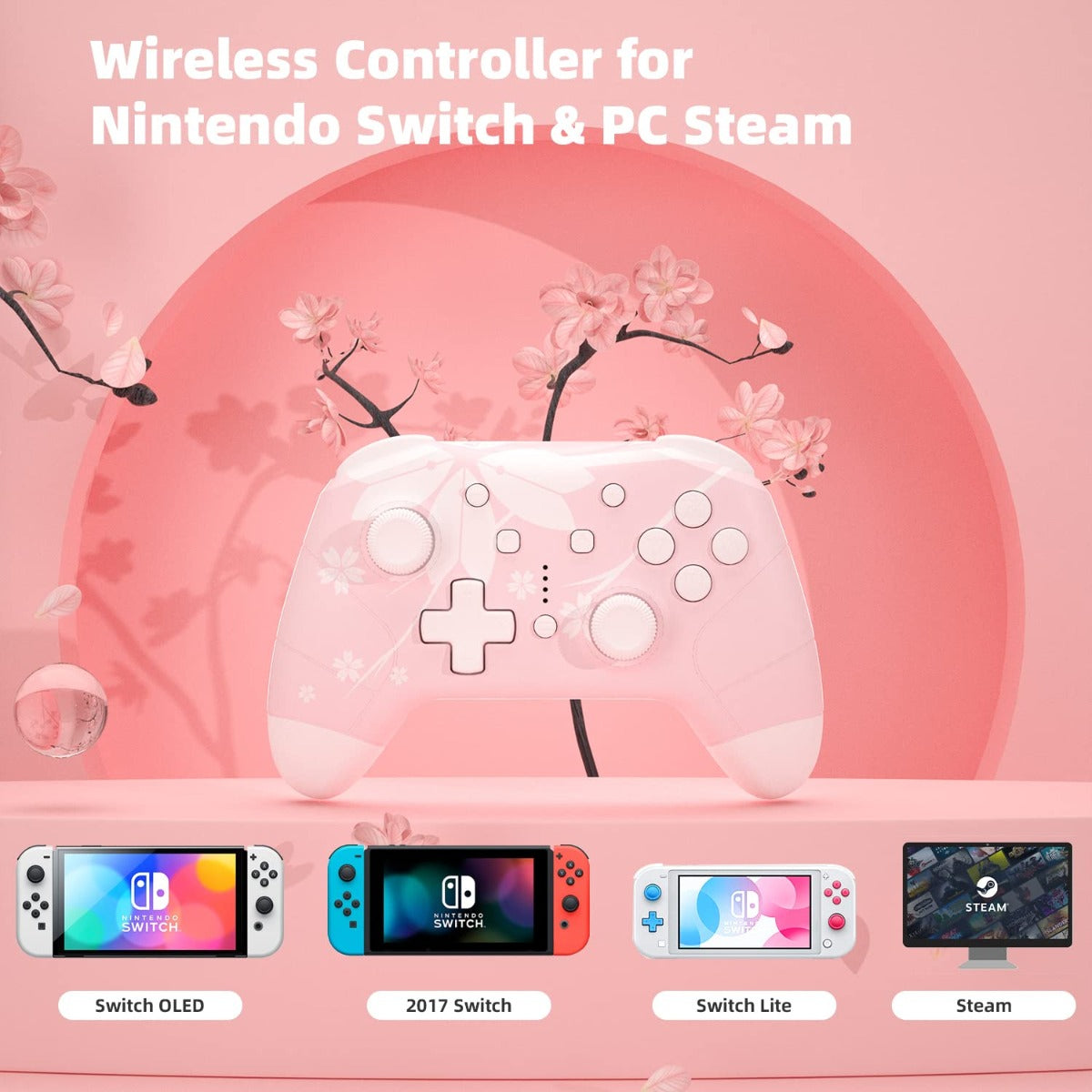 momen Wireless Switch Pro Controller for Switch/Switch Lite/Switch OLED,  Pink Wireless Pro Controller with Turbo, Motion, Adjustable Vibration