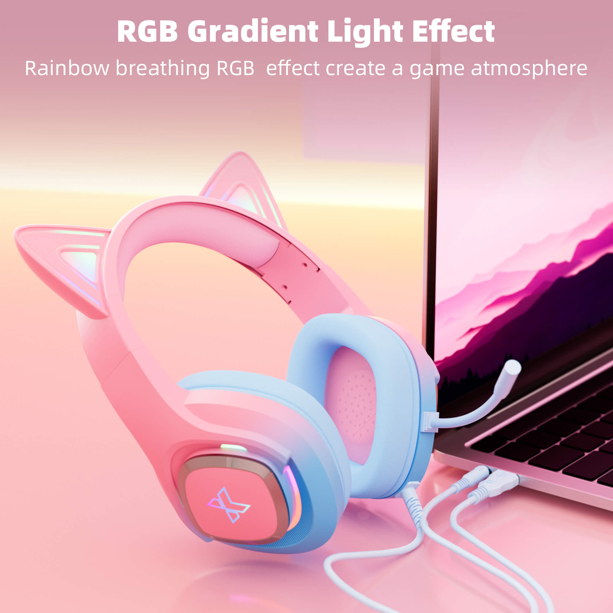 Gradient Pink Blue Gaming Headset Compatible with PS4, PS5, Xbox, PC, MAC, Switch