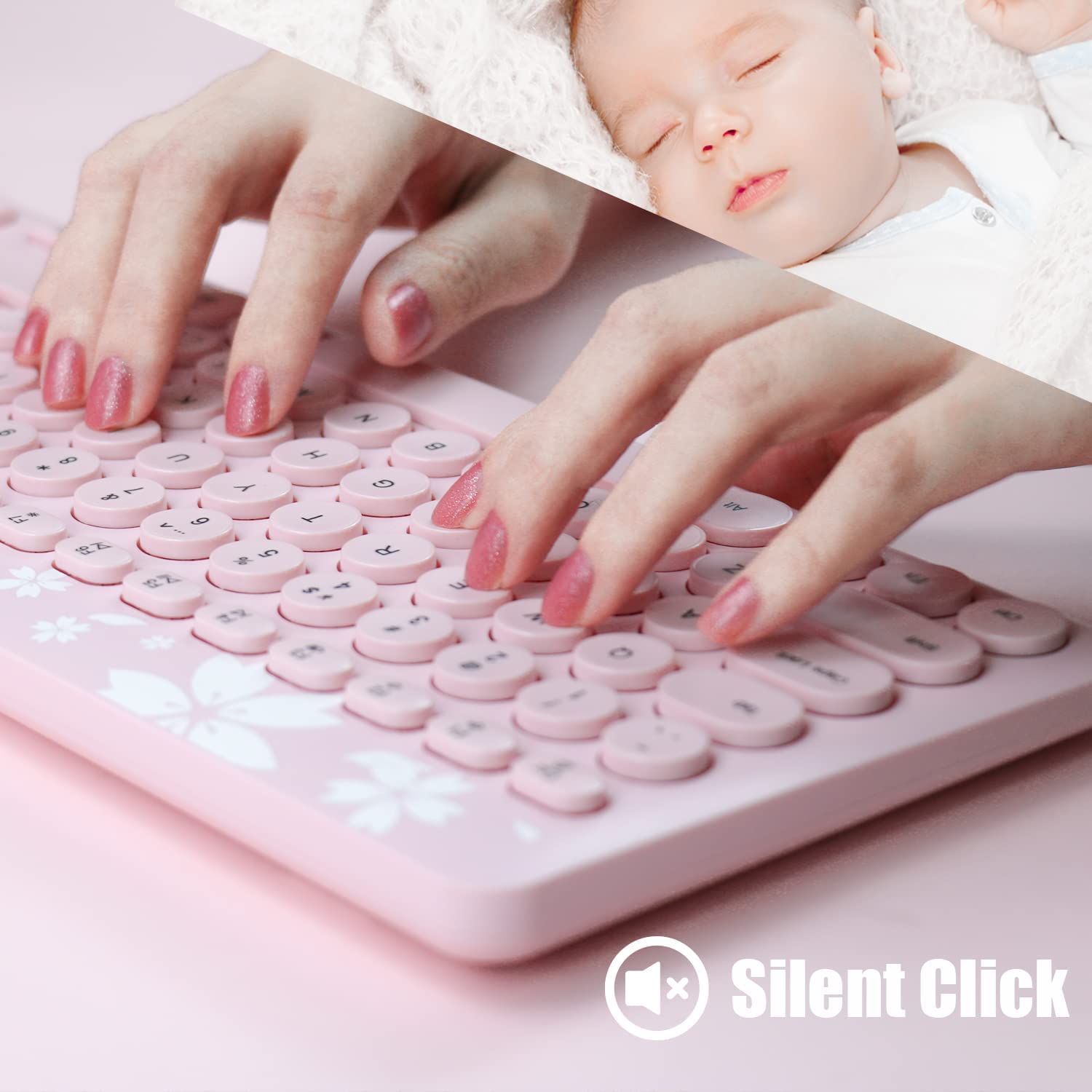 Mytrix Sakura Wireless Keyboard and Mouse Set, Cherry Pink Wireless Mouse and Keyboard Combo, Retro Type-Writer Keys, Silent 96-Key Keyboard