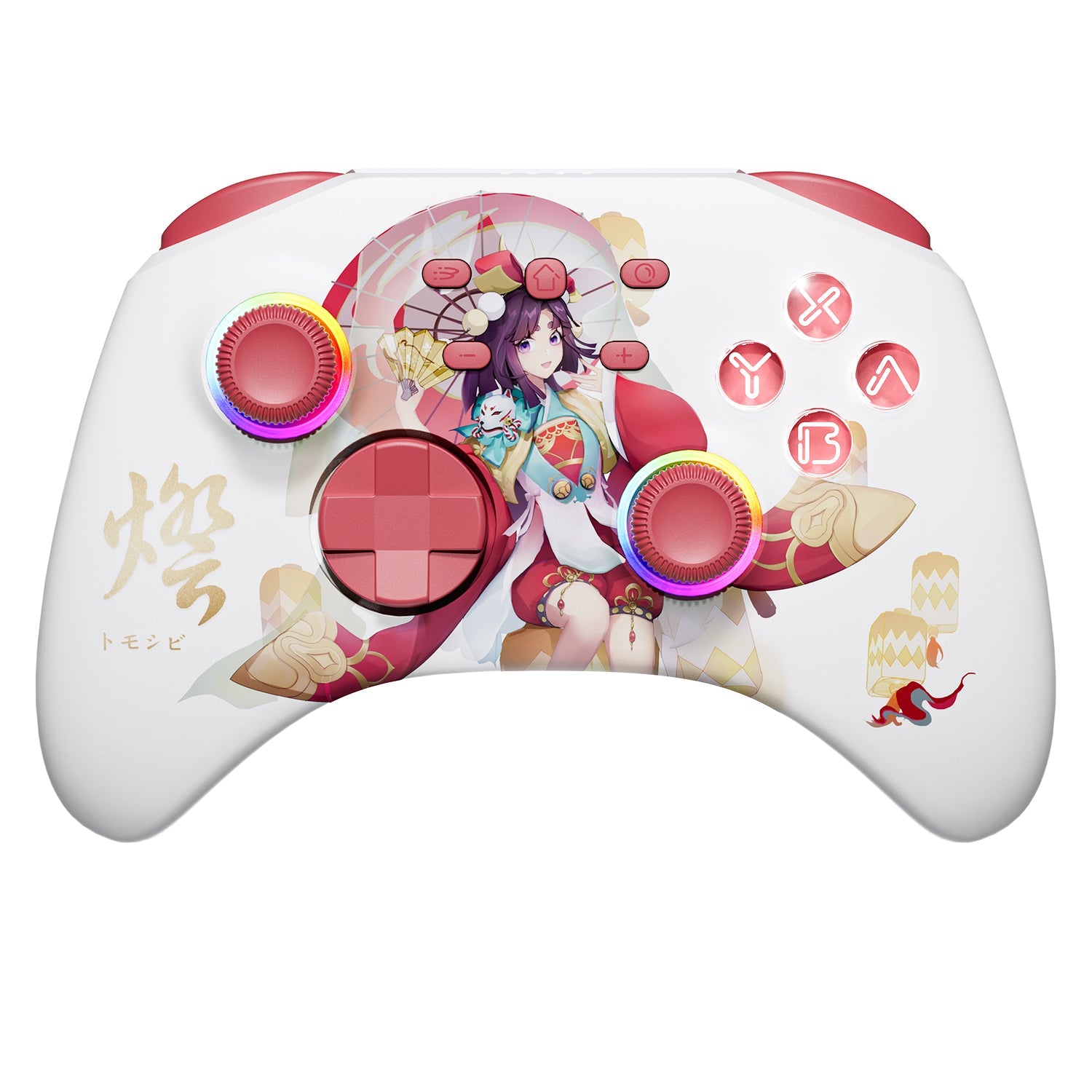 Wireless Pro controller with RGB, programmable buttons, beautiful girl design, red and white