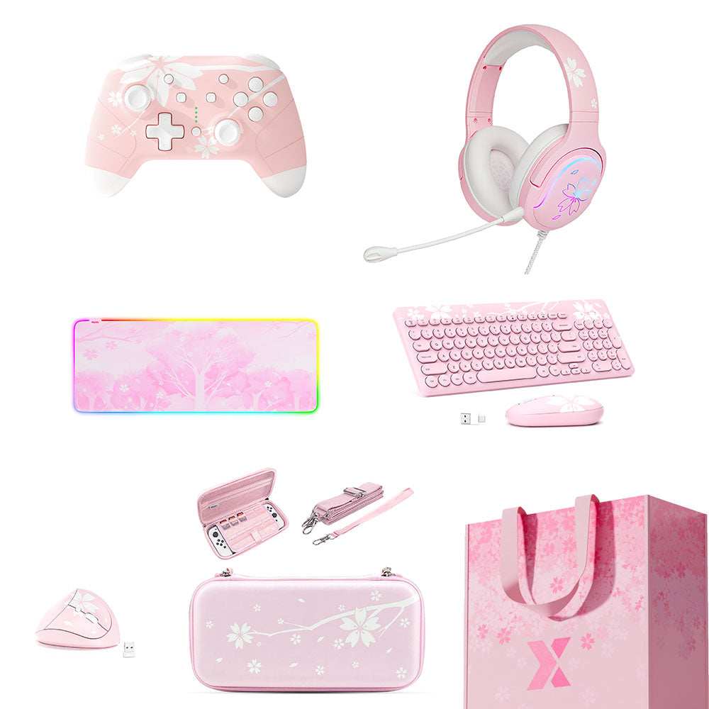 Mytrix Ultimate Cherry Collection, Sakura Themed 7 in 1 Bundle: Cherry Pink Pro Controller, Switch Case, RGB Mousepad, Wireless Keyboard & Mouse Set, Vertical Mouse, RGB Headset, Cherry Bag