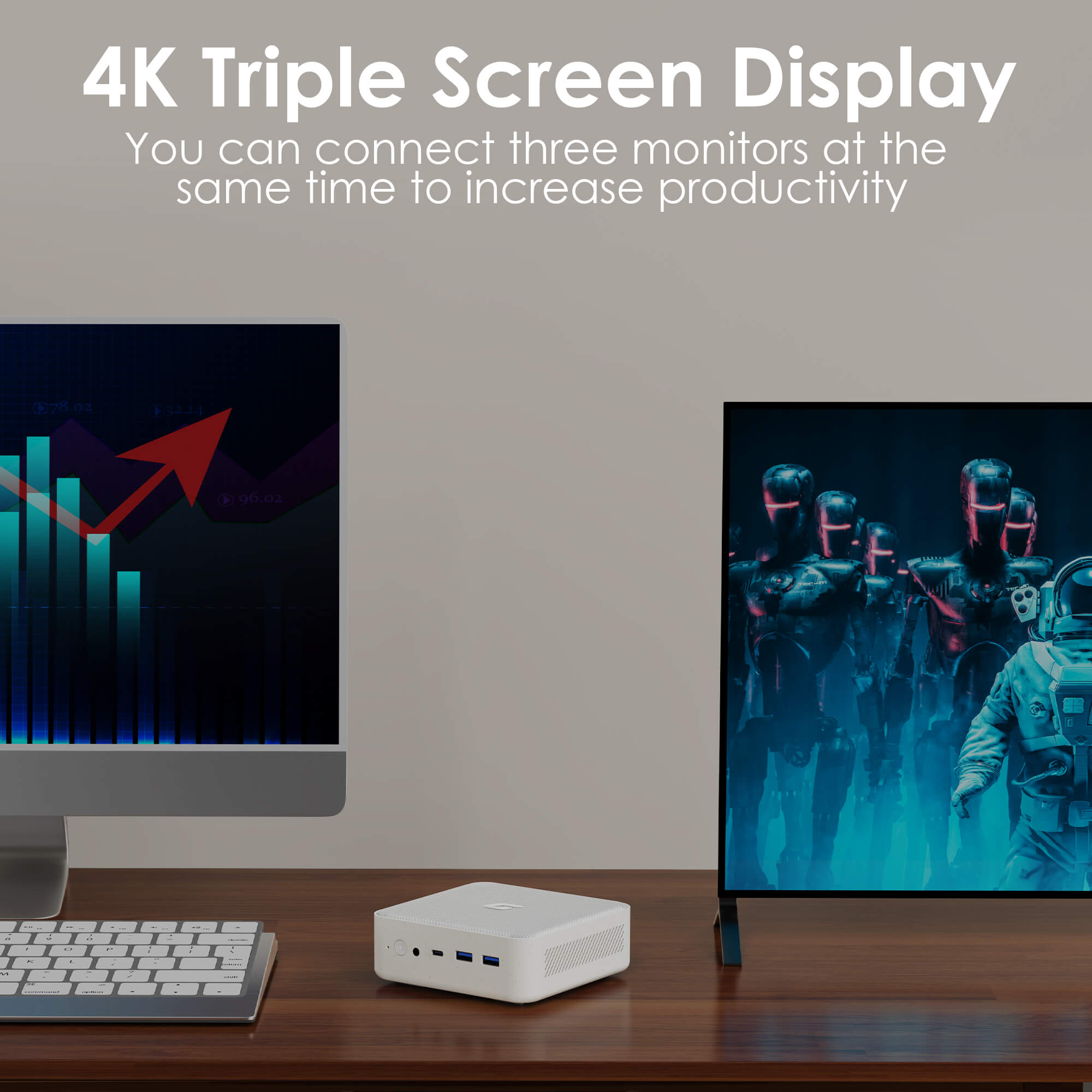 The DP+HDMI2.0+Type-C interfaces support triple-screen output at 4K UHD resolution