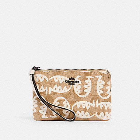 COACH 4406 CORNER ZIP WRISTLET IN SIGNATURE CANVAS WITH REXY BY GUANG YU LIGHT KHAKI/CHALK MULTI