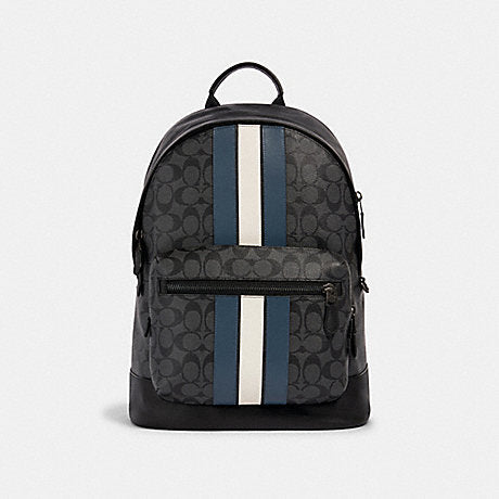 COACH 3001 WEST BACKPACK IN SIGNATURE CANVAS WITH VARSITY STRIPE CHARCOAL/DENIM/CHALK