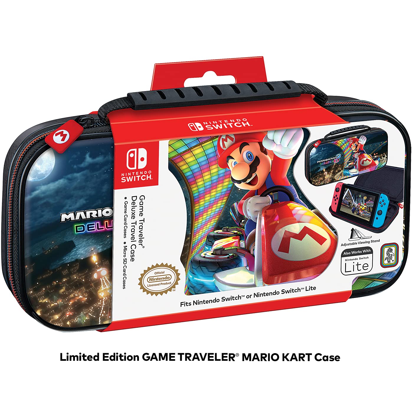 Nintendo Switch Mario Kart 8 Neon Multiplayer Bundle: Red Blue JoyCon Console, Mario Kart 8 Deluxe & Online Membership, Travel Case Mytrix Tempered Glass Screen Protector, and Joystick caps