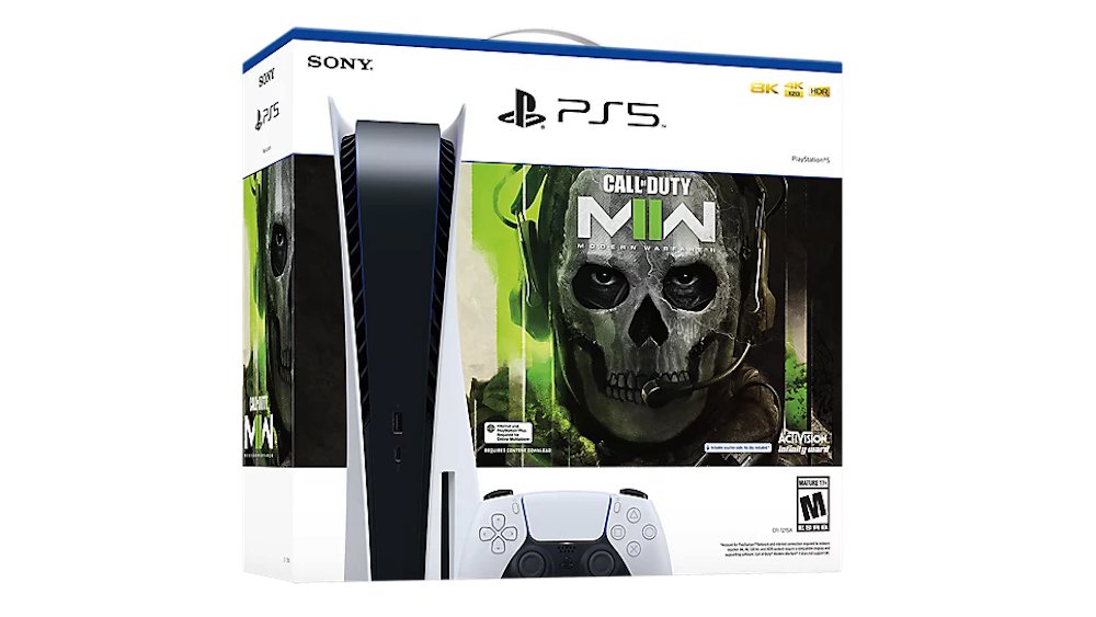 PlayStation 5 Disc Edition Call of Duty Modern Warfare II Bundle with Two Controllers White and Gray Camouflage DualSense and Mytrix Dual Controller Charger
